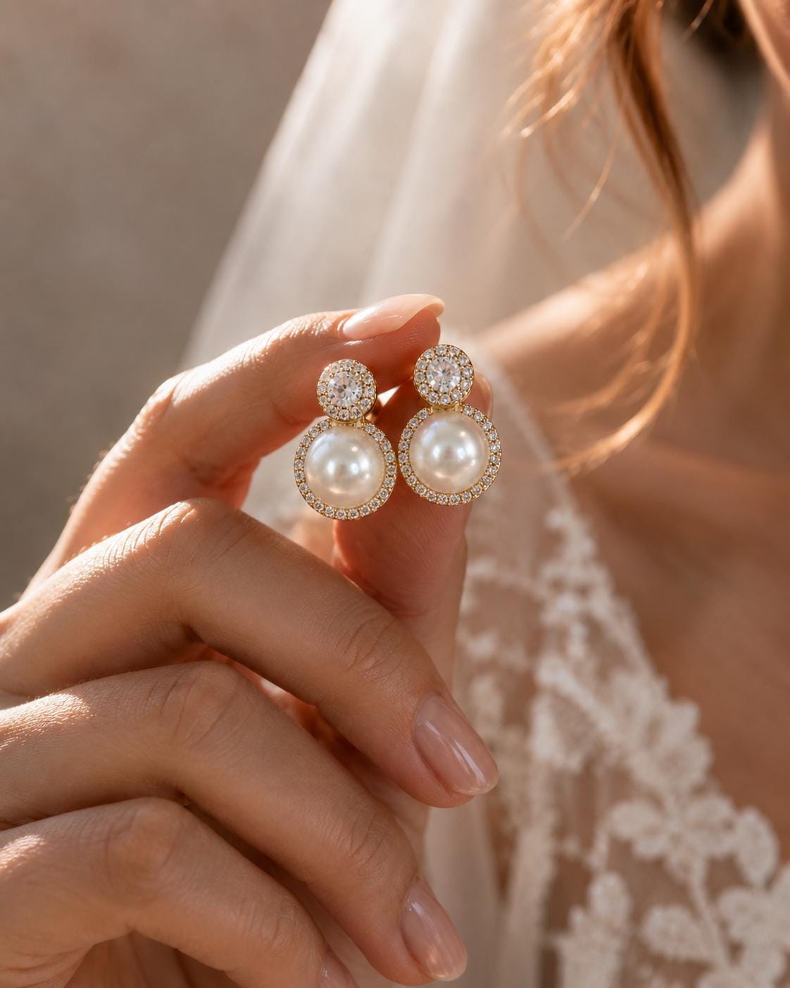 18k Gold Plated Sterling Silver Pearl Bridal Earrings, Crystal Halo Drop Wedding Jewelry