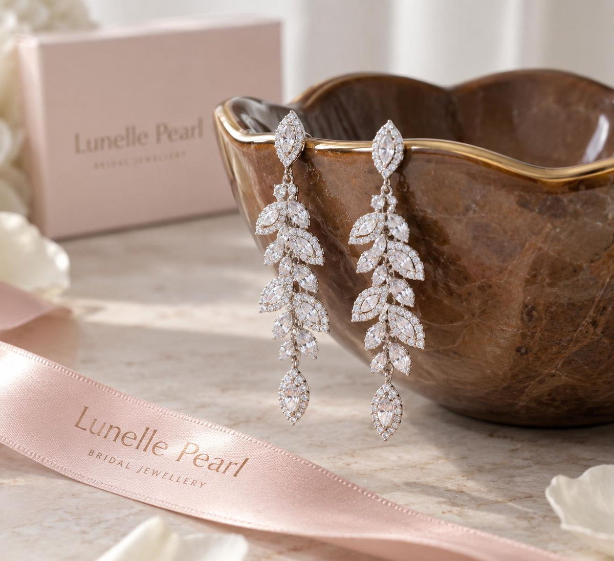 Elegant Leaf Chandelier Bridal Earrings, Cubic Zirconia Wedding Drop Jewelry