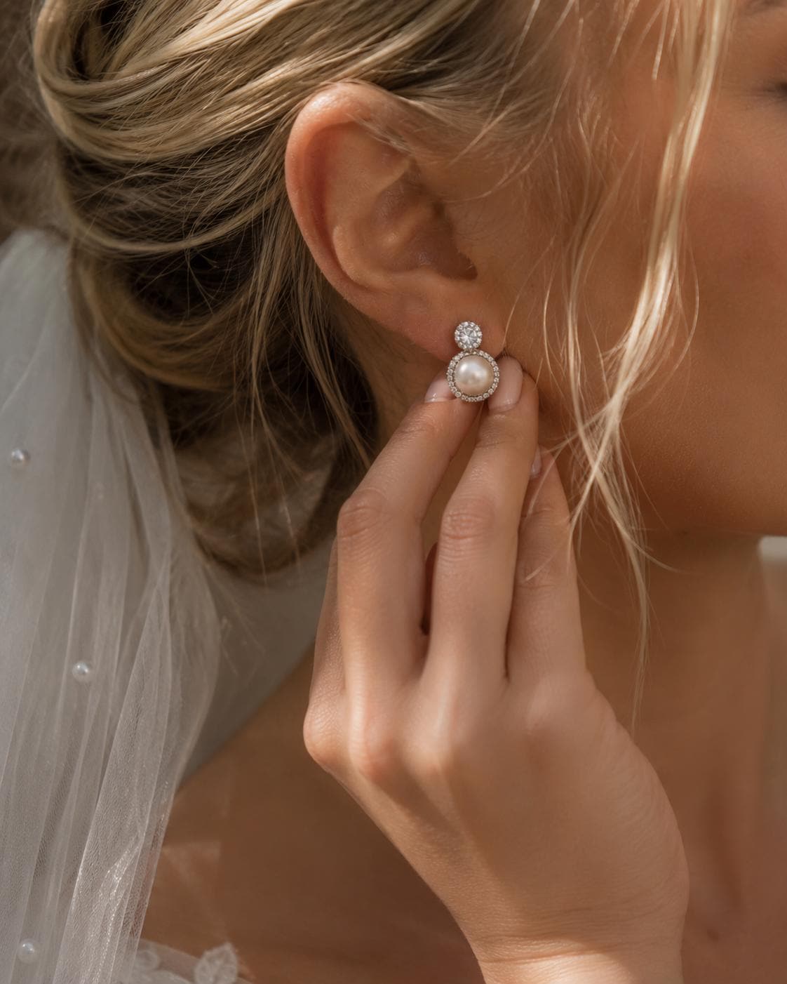 18k Gold Plated Sterling Silver Pearl Bridal Earrings, Crystal Halo Drop Wedding Jewelry
