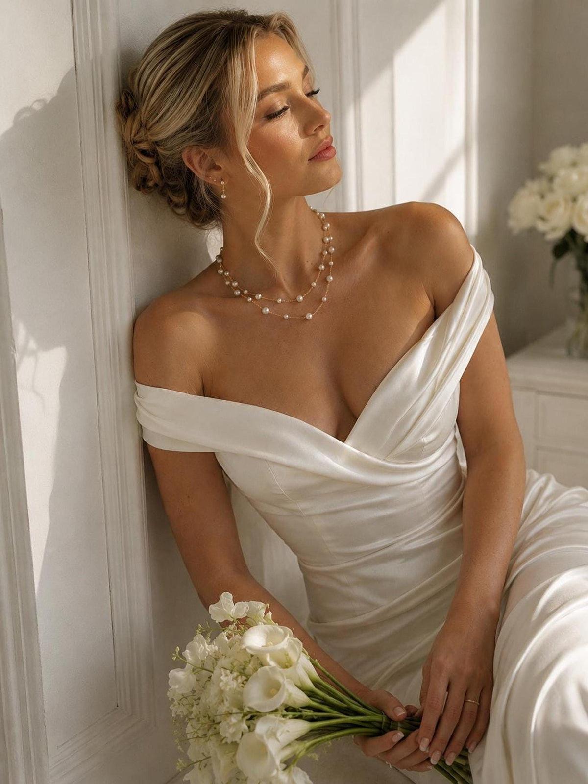 Bridal Pearl Necklace, Double Layered Gold and Silver Wedding Jewelry