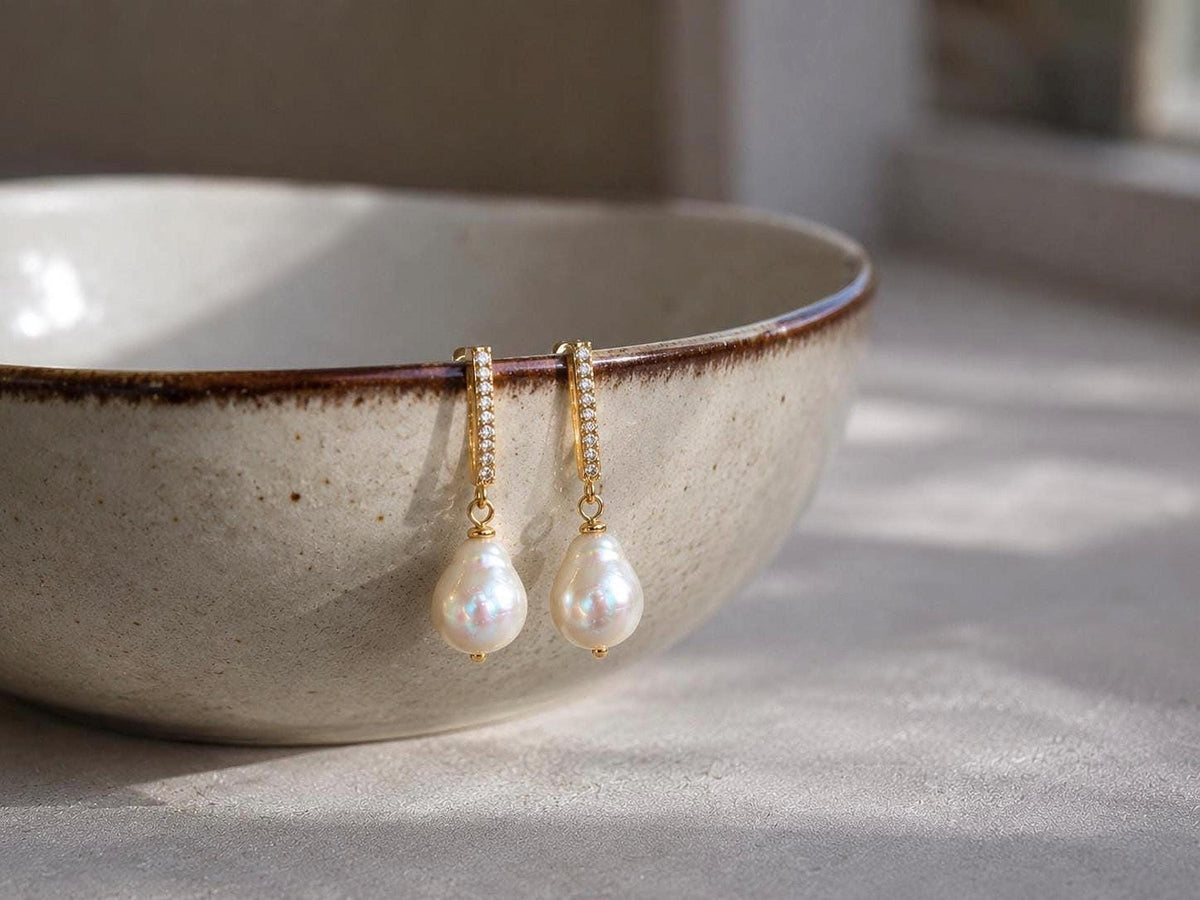 Baroque Mother of Pearl Earrings, 18K Gold Plated Sterling Silver Bridal Jewelry