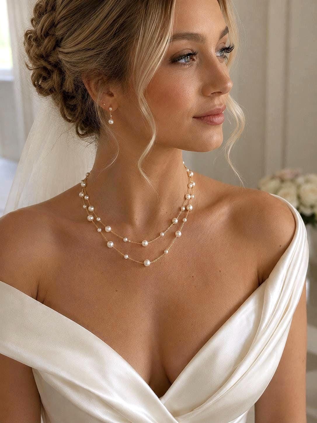 Double Layer Pearl Necklace, Bridal and Bridesmaid Wedding Jewelry