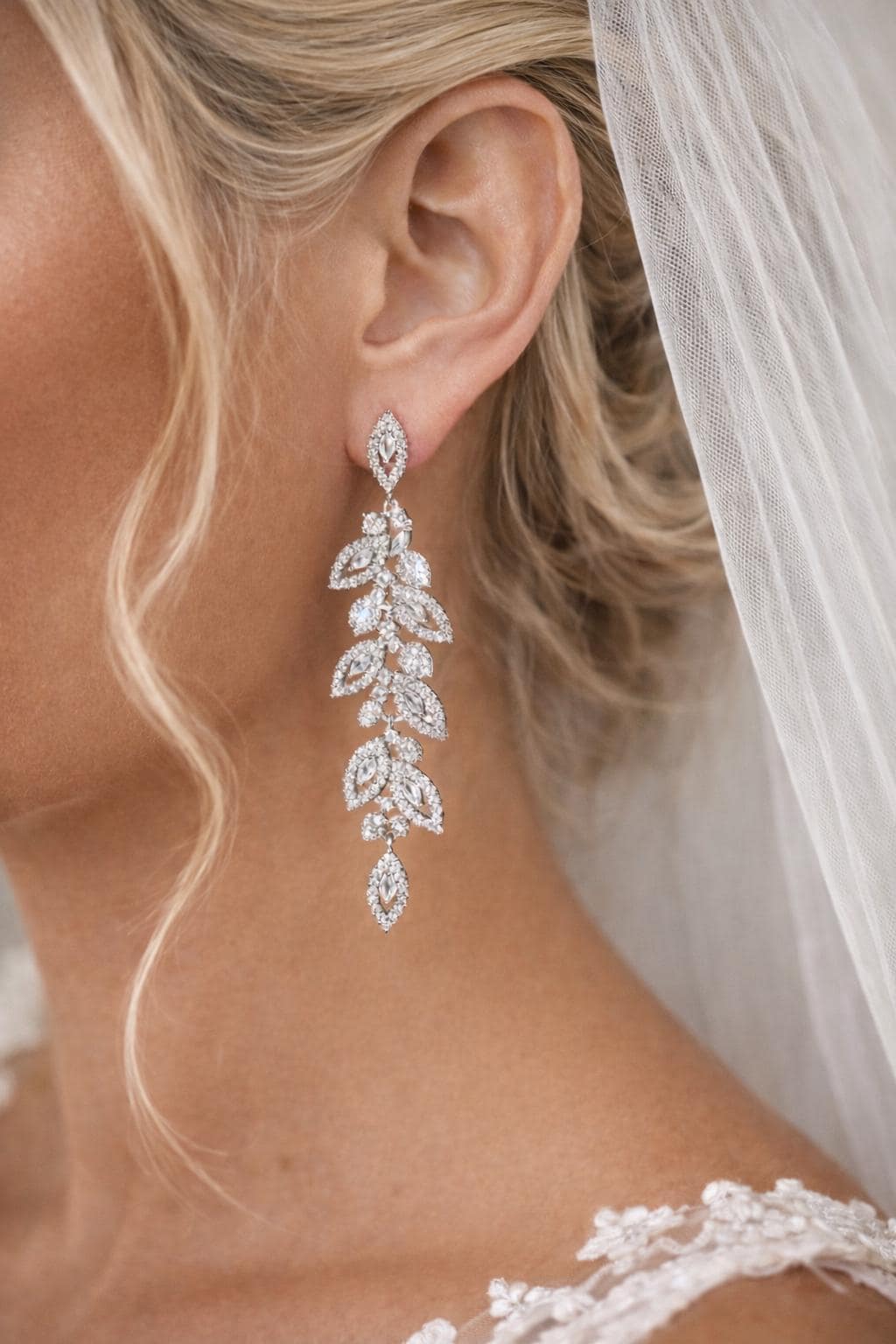 Elegant Leaf Chandelier Bridal Earrings, Cubic Zirconia Wedding Drop Jewelry