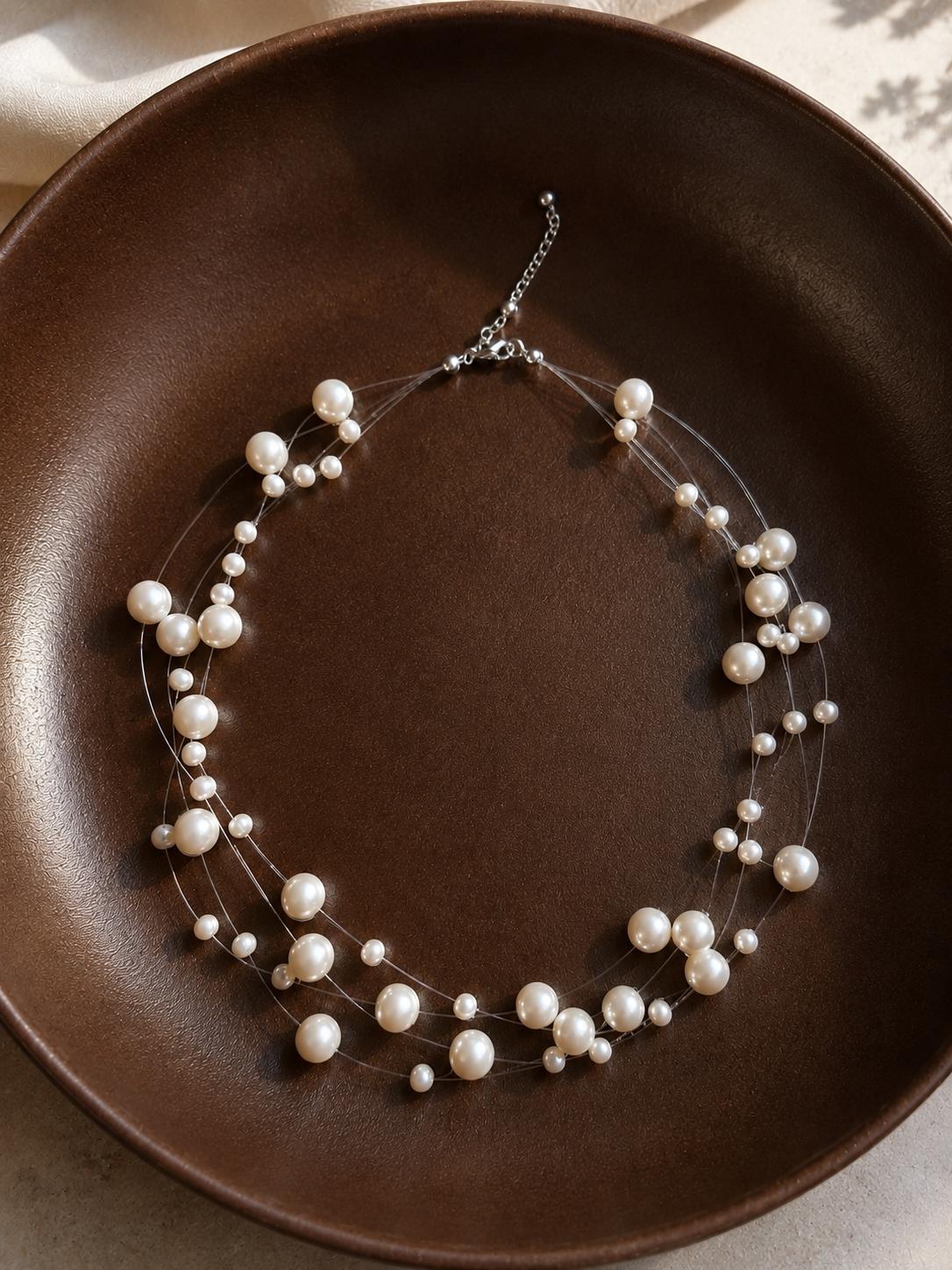 Floating Pearl Bridal Necklace, Handmade Wedding Jewelry