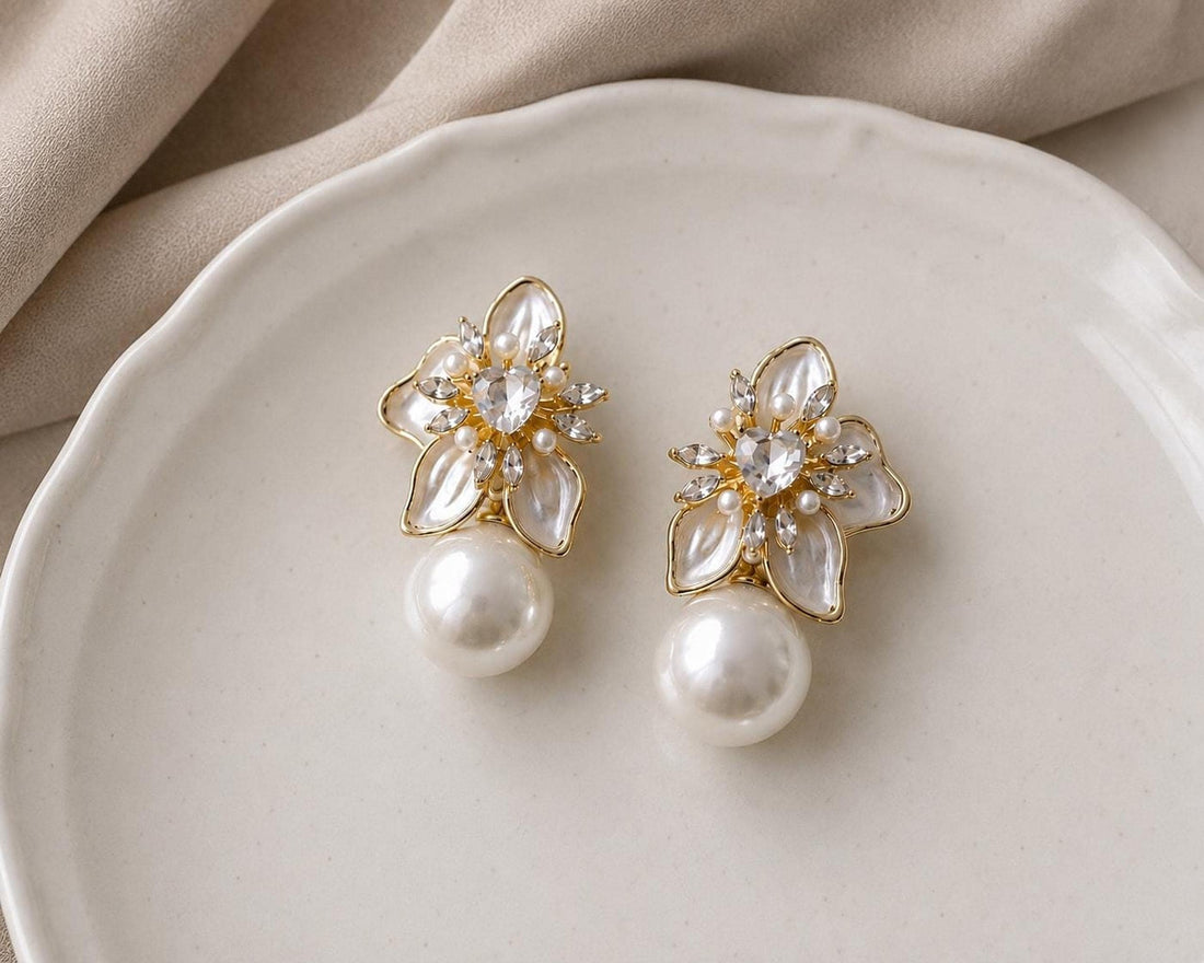 Cherry Petals Bridal Pearl Drop Earrings