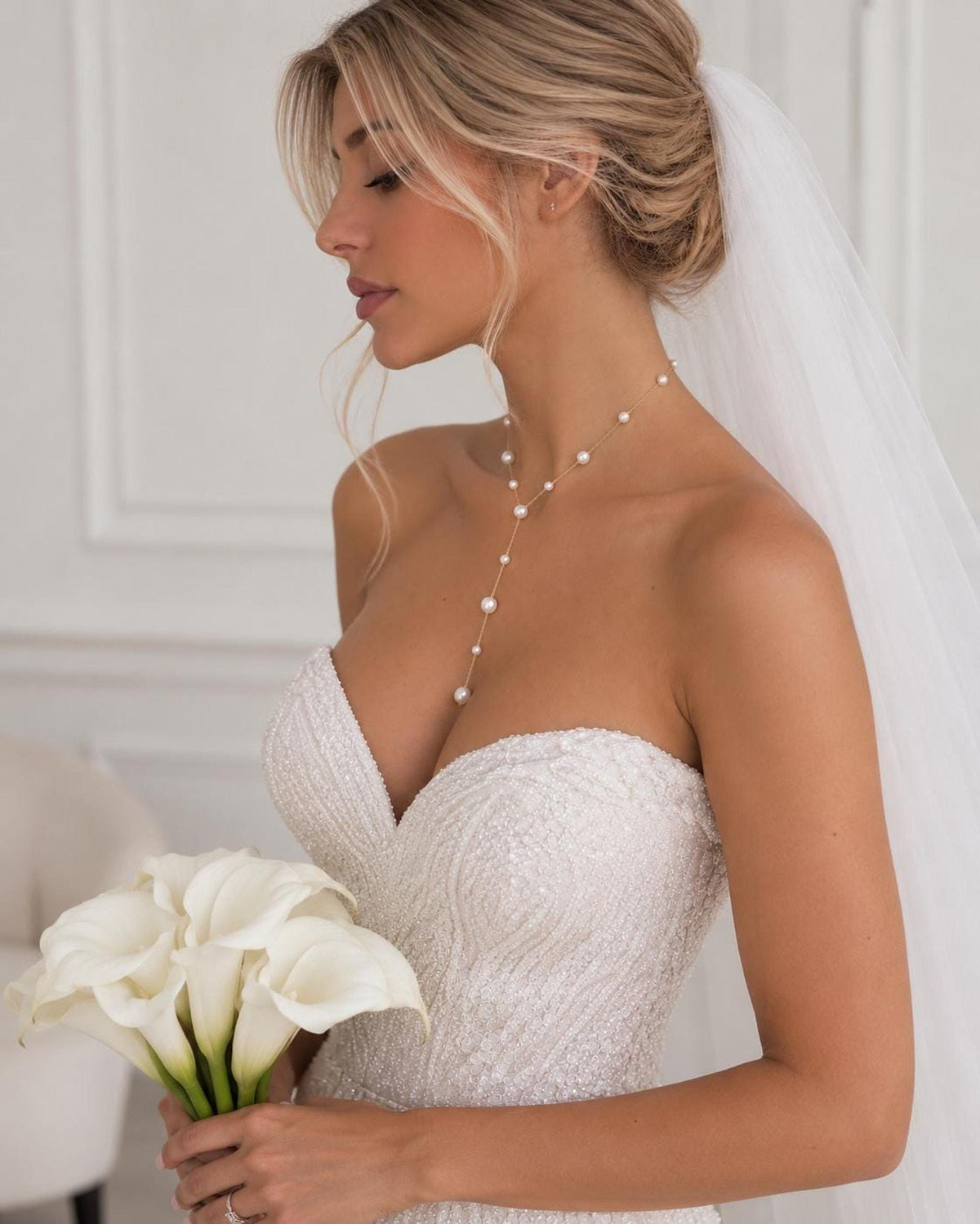 Pearl Lariat Bridal Necklace, 14K Gold Plated Y with Elegant