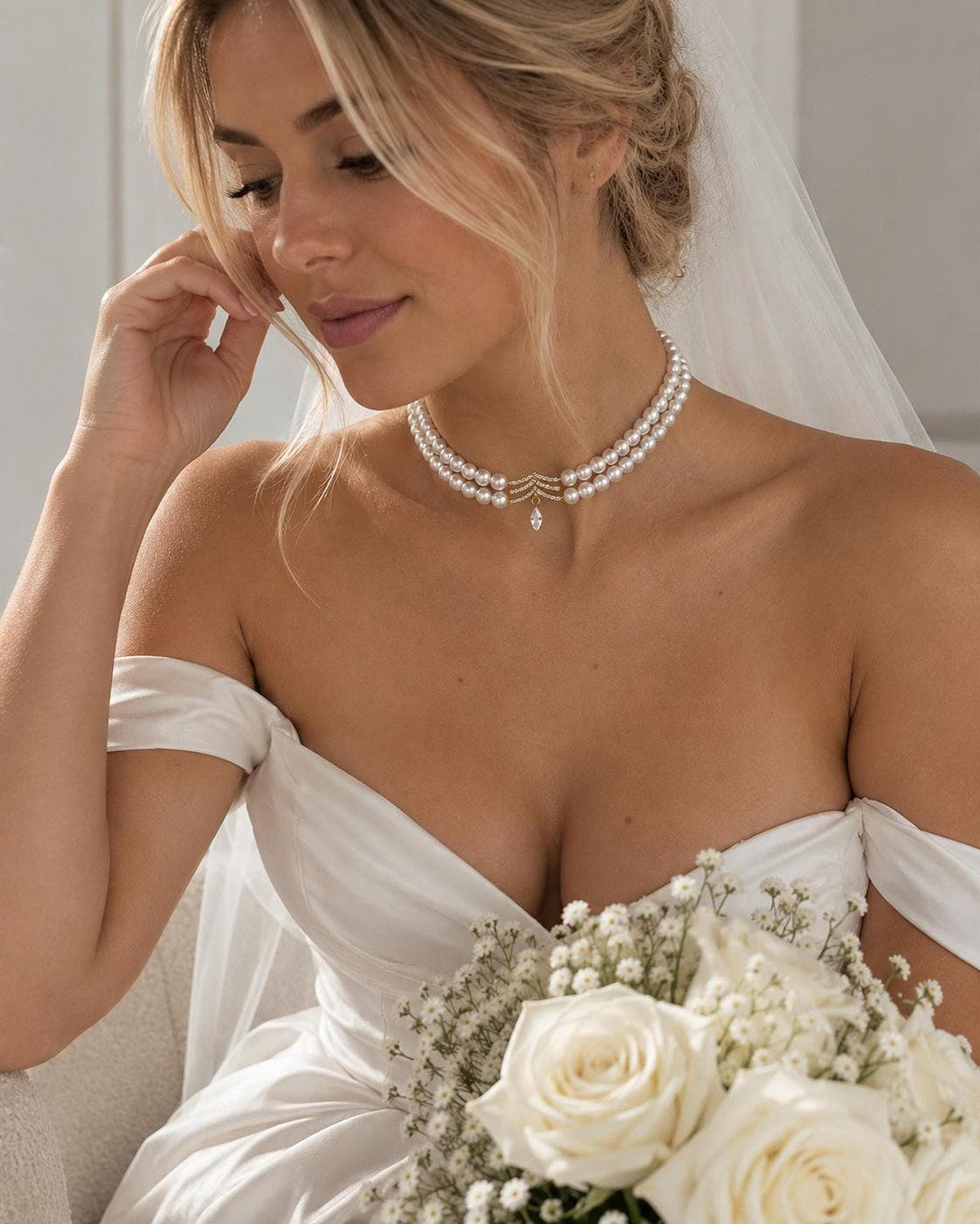 Celestia Double Strand Pearl Choker Necklace, Gold Crystal Bridal Jewelry