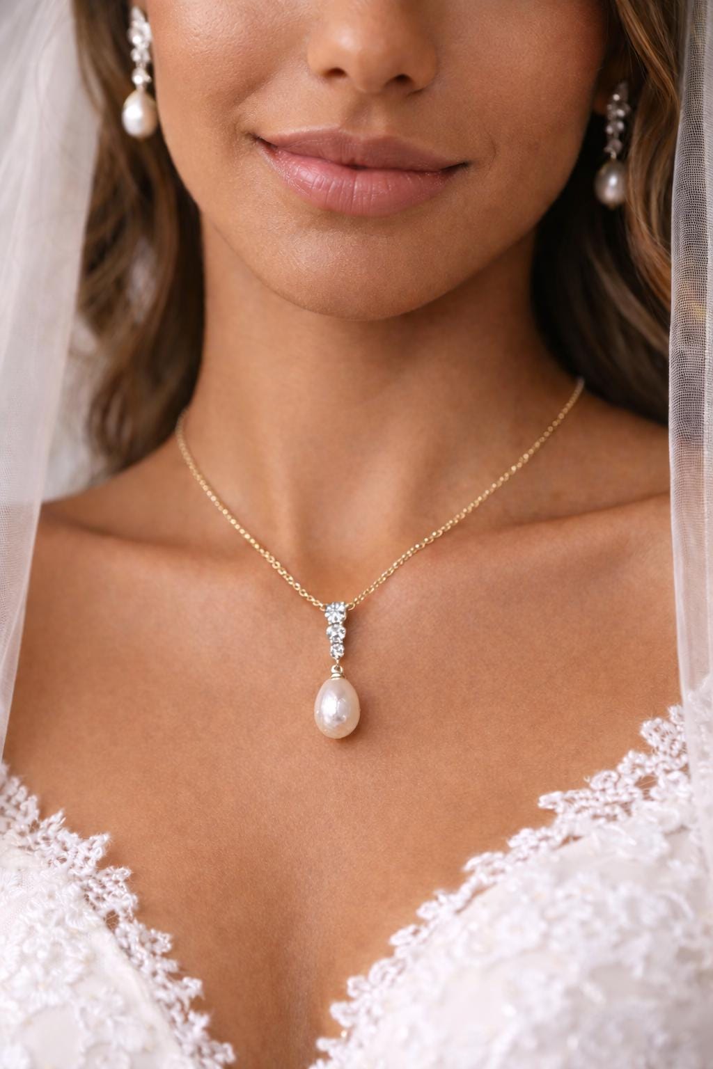 Freshwater Pearl Bridal Necklace, 18K Gold Plated Wedding Jewelry