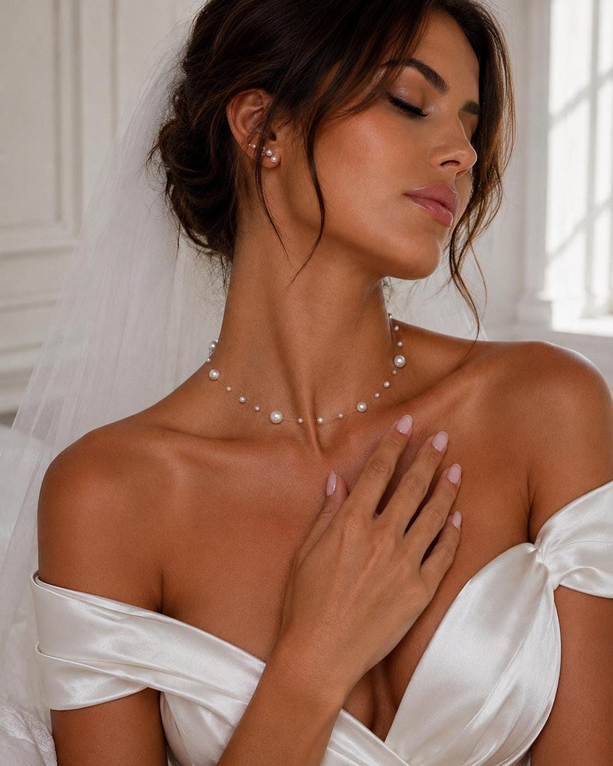 Delicate Floating Pearl Bridal Necklace, Elegant for Weddings