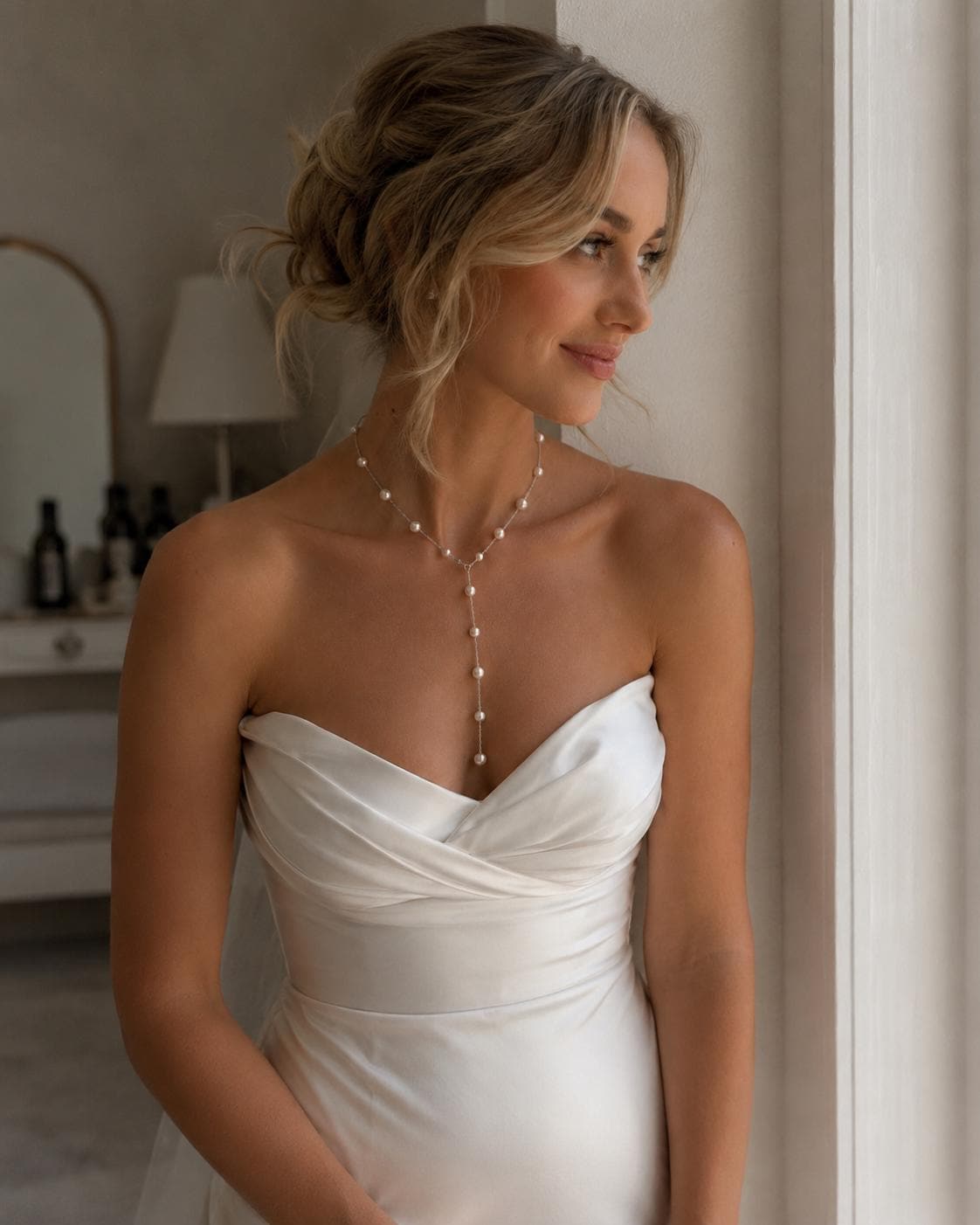 Elegant Silver Pearl Lariat Necklace, Custom Length Bridal Jewelry
