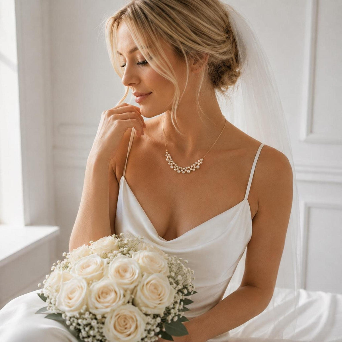 Dainty Ivory Pearl Necklace with Gold Chain, Elegant Bridal Jewelry for Special Occasions