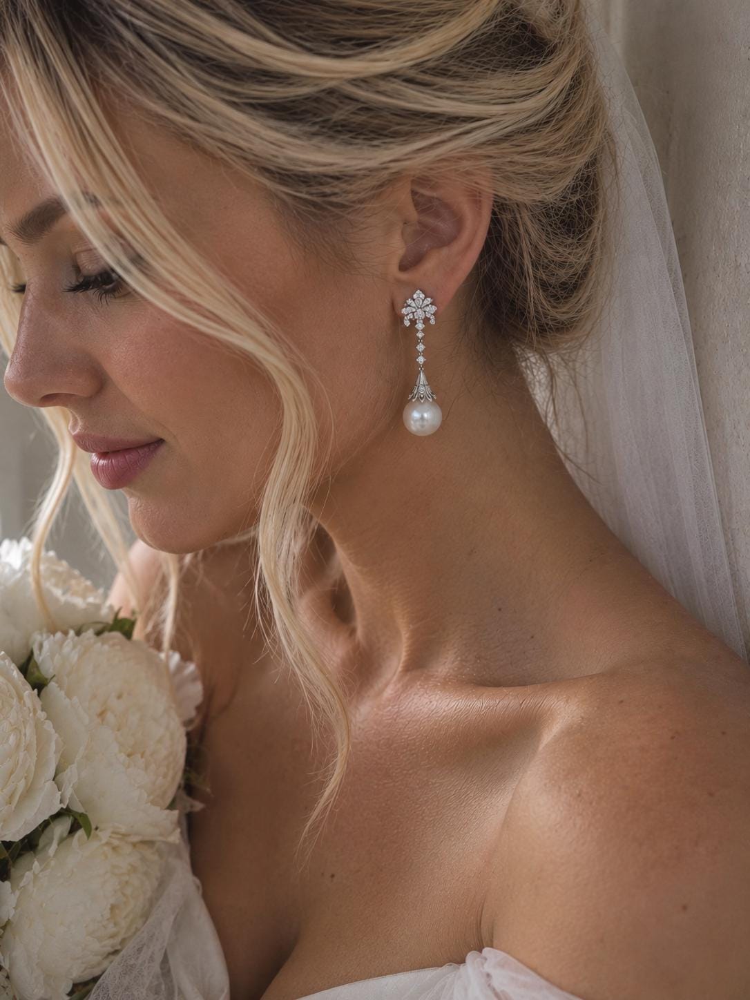 Countess Fleur Pearl Drop Earrings, Crystal Bridal Jewelry, Silver Filled, Art Deco Style