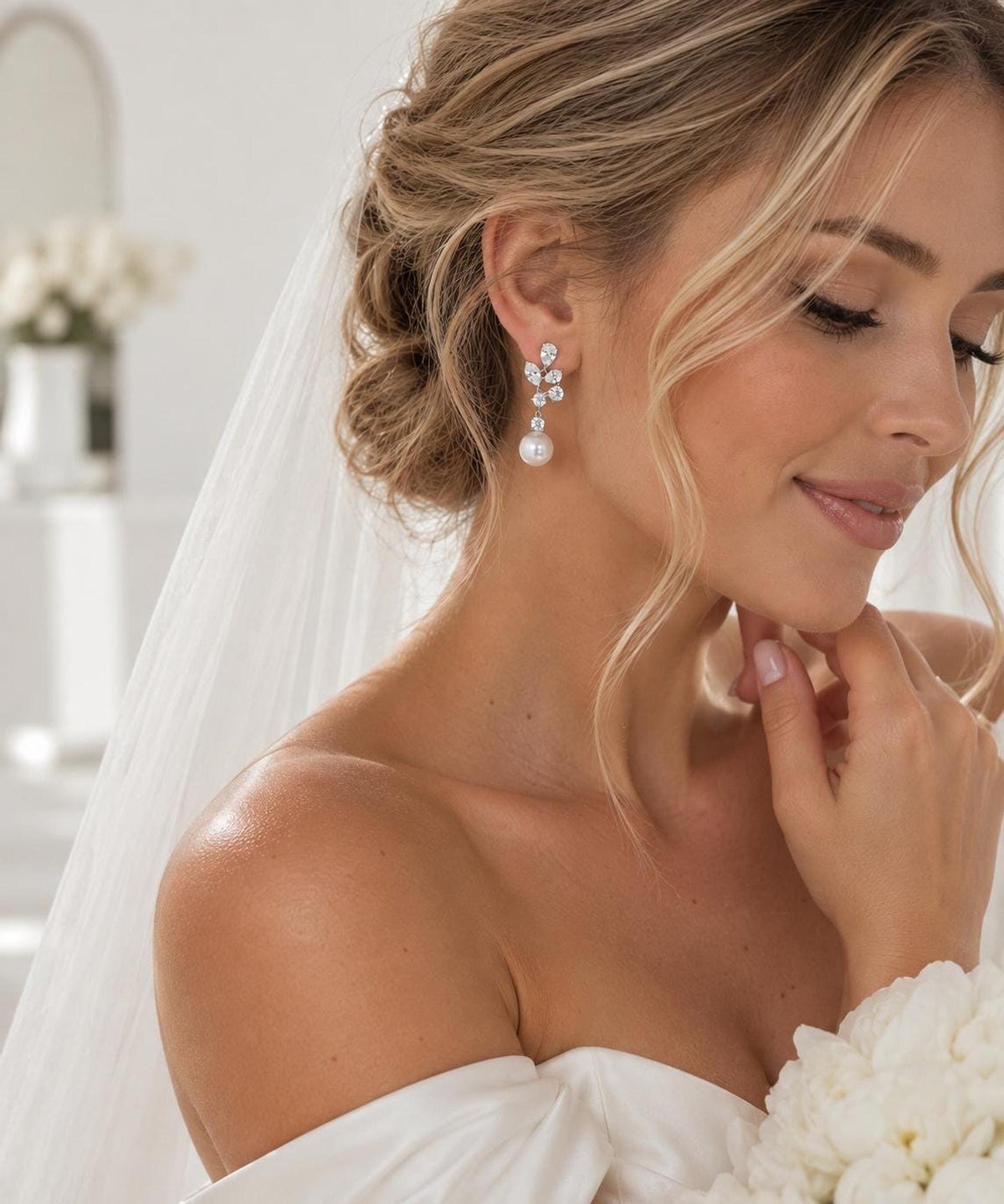 Elegant Pearl Drop Earrings with Crystal Leaf Design, Silver