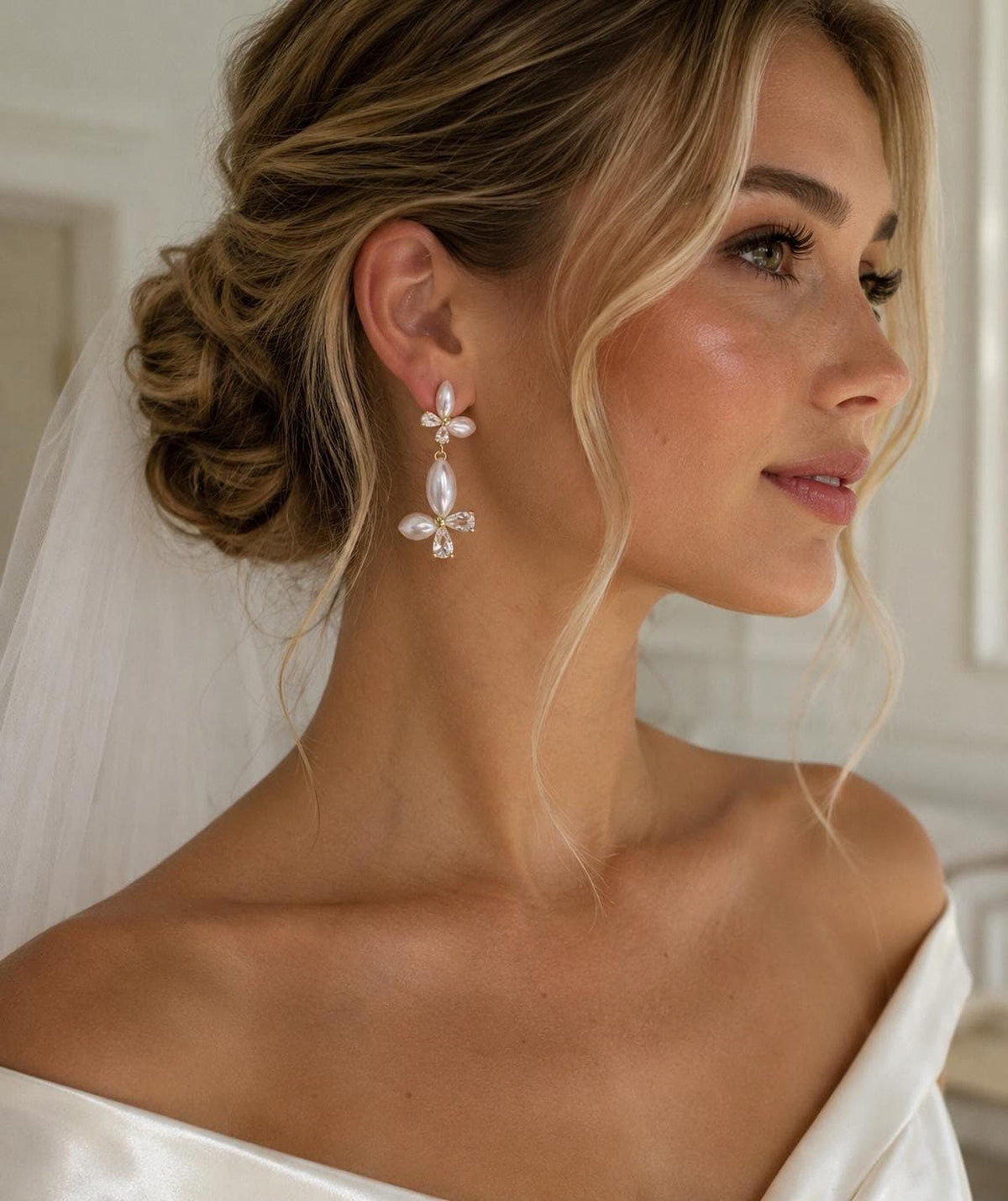 Gold Pearl Drop Bridal Earrings, Elegant Wedding Jewelry with Crystal Detailing