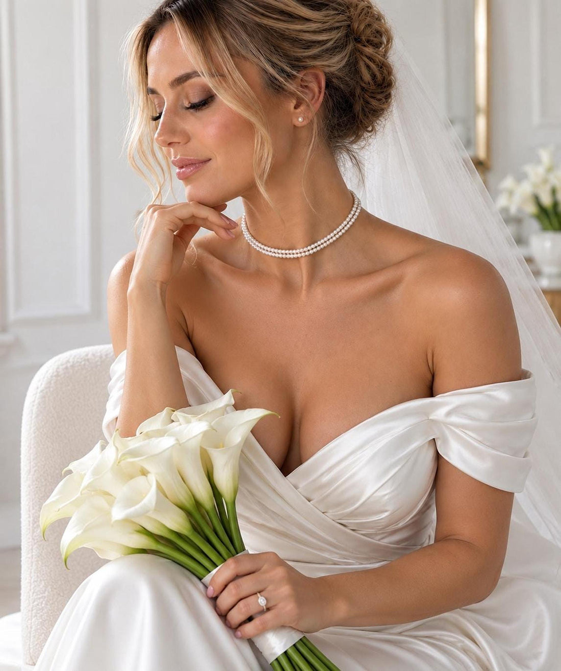 Double Strand Pearl Choker Necklace, Bridal Wedding Jewelry