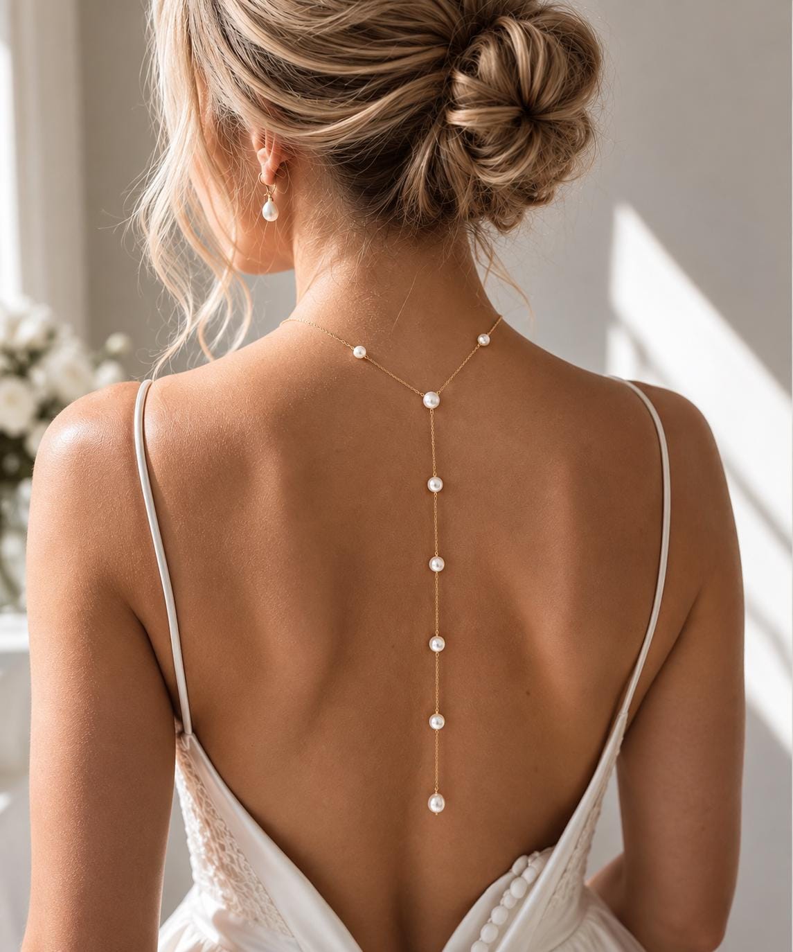 Gold Plated Pearl Back Necklace, Custom Length Bridal Jewelry for Backless Dresses