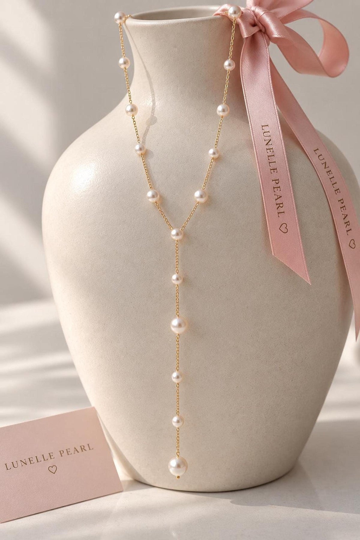 Pearl Lariat Necklace, 14K Gold-Plated or Silver-Plated Brass Y Design