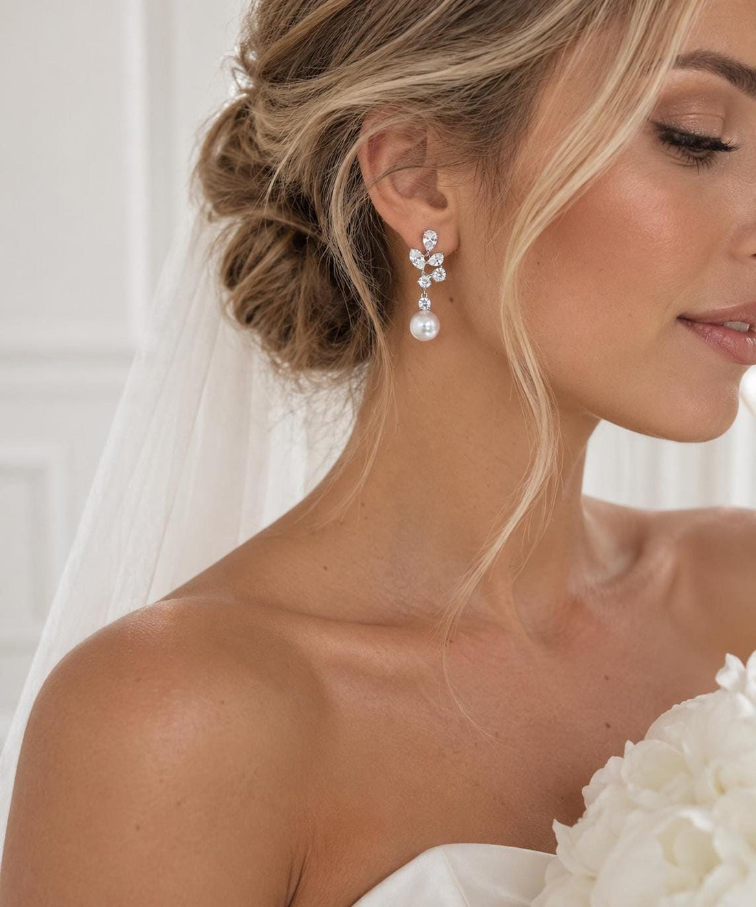 Elegant Pearl Drop Earrings with Crystal Leaf Design, Silver