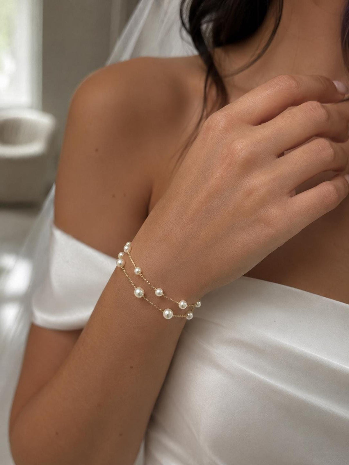 Double Layered Pearl Bracelet, Adjustable Wedding Jewelry