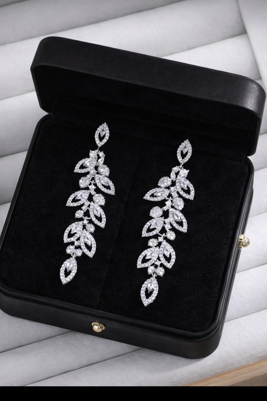 Elegant Leaf Chandelier Bridal Earrings, Cubic Zirconia Wedding Drop Jewelry