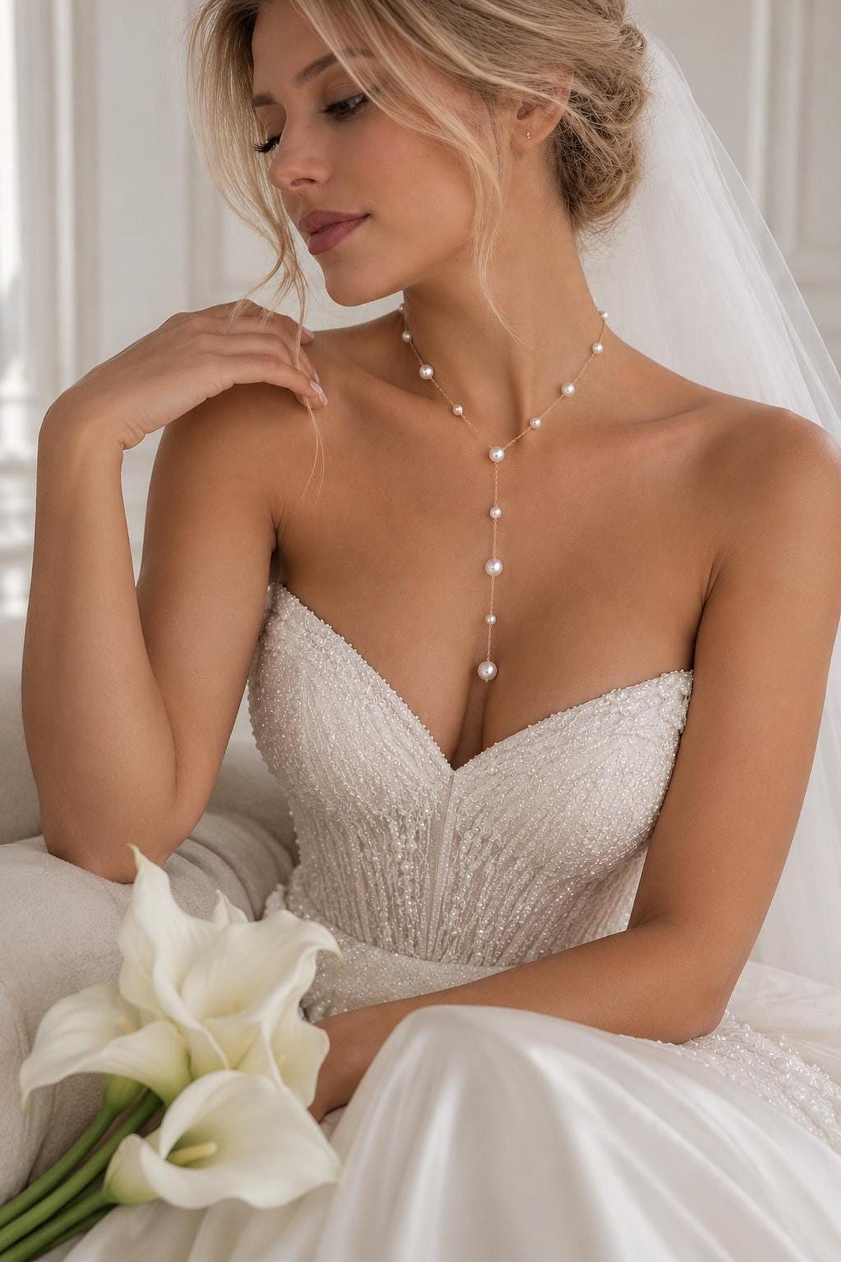 Pearl Lariat Necklace, 14K Gold-Plated or Silver-Plated Brass Y Design