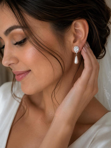 Teardrop Pearl Earrings with CZ Stones, Elegant Bridal Jewelry for Weddings