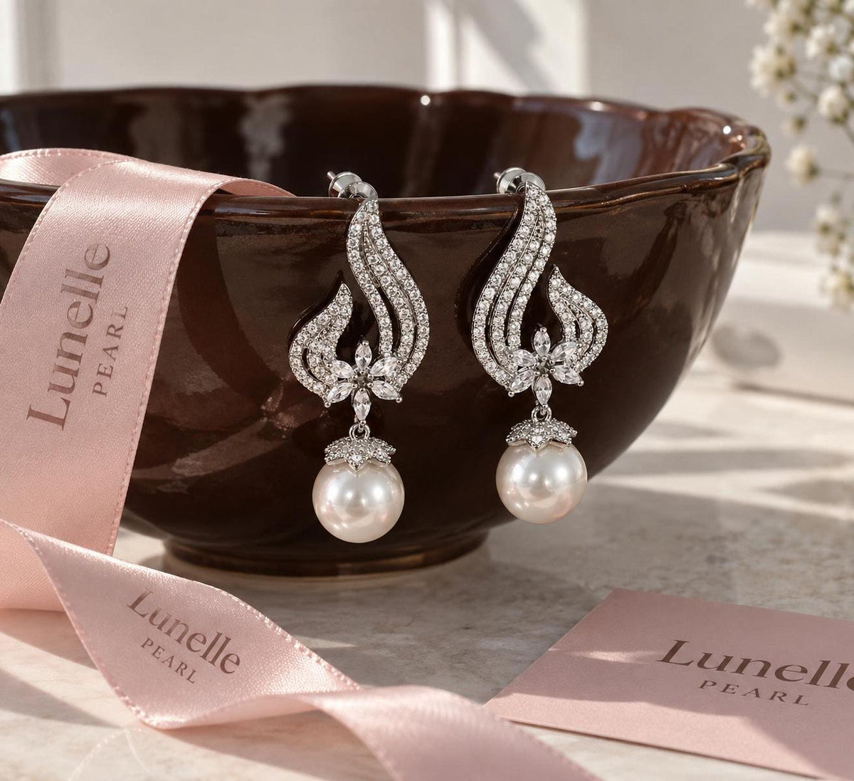 Pearl Bridal Earrings, Stainless Steel Zirconia Drop, 5 cm Wedding Jewelry