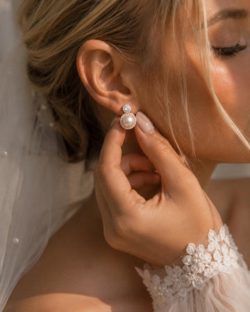 18k Gold Plated Sterling Silver Pearl Bridal Earrings, Crystal Halo Drop Wedding Jewelry