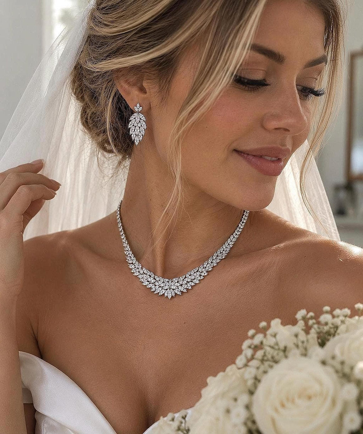 Luxury Bridal Necklace & Earrings Set – Marquise Cut Cubic Zirconia Statement Wedding Jewelry