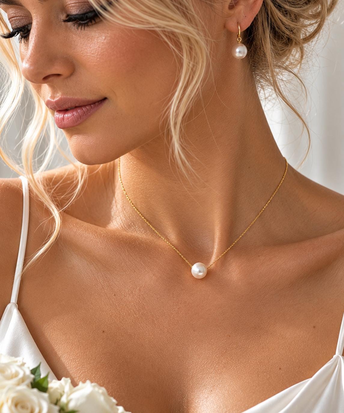 Gold Plated Pearl Back Necklace, Custom Length Bridal Jewelry for Backless Dresses