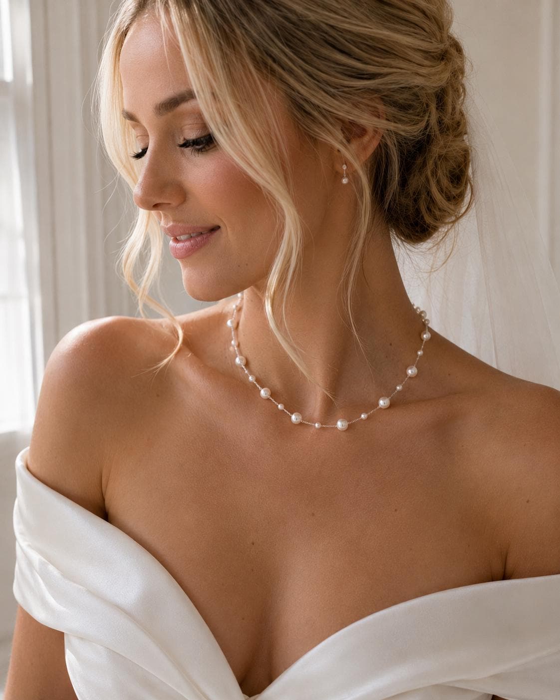 Delicate Pearl Bridal Necklace | Silver-Tone Chain, Handmade Wedding Jewelry