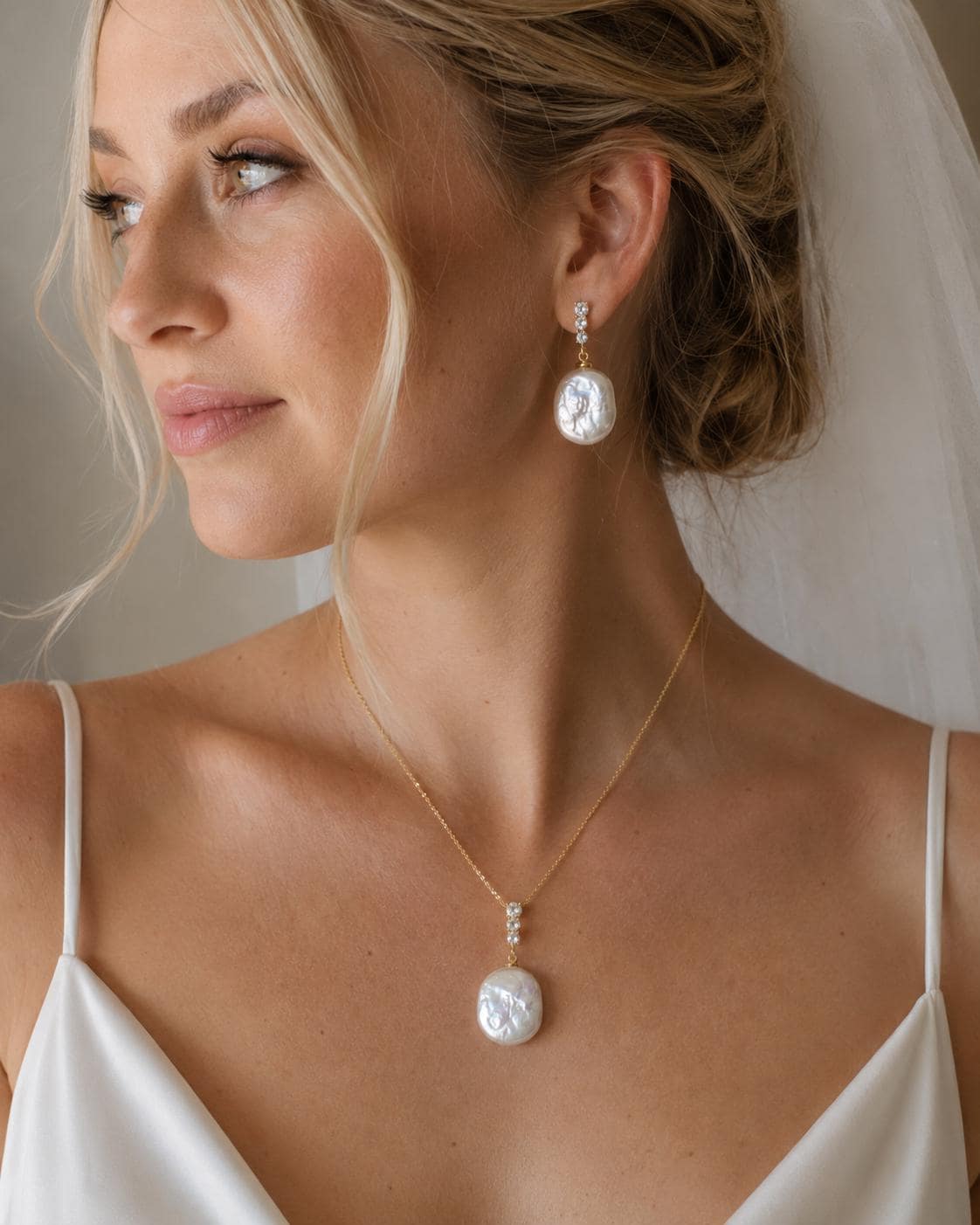 18K Gold Plated Baroque Pearl Jewellery Set, Bridal Necklace Earrings, Elegant Wedding