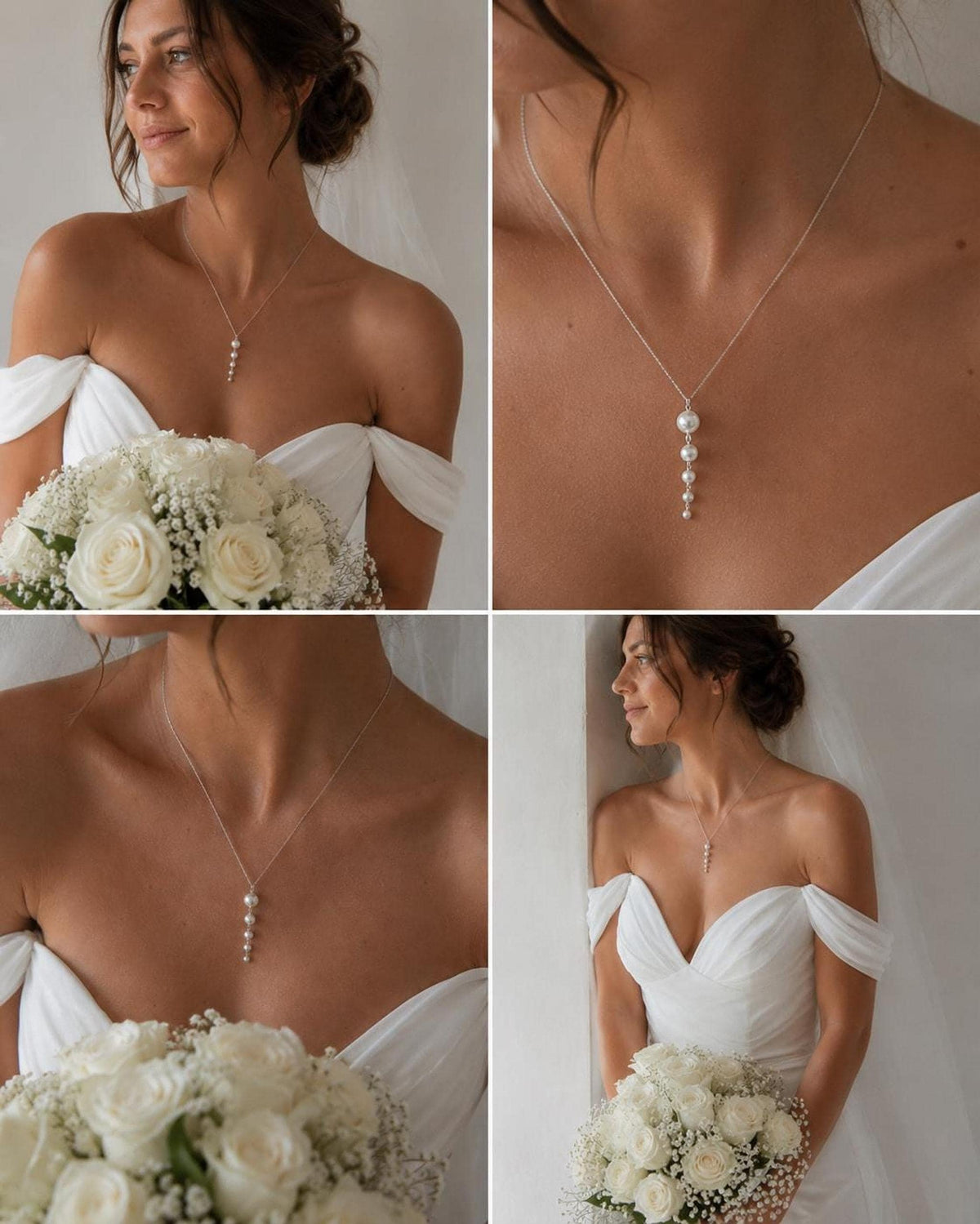 Silver Pearl Drop Necklace, Elegant Bridal Jewelry with 47 cm Chain