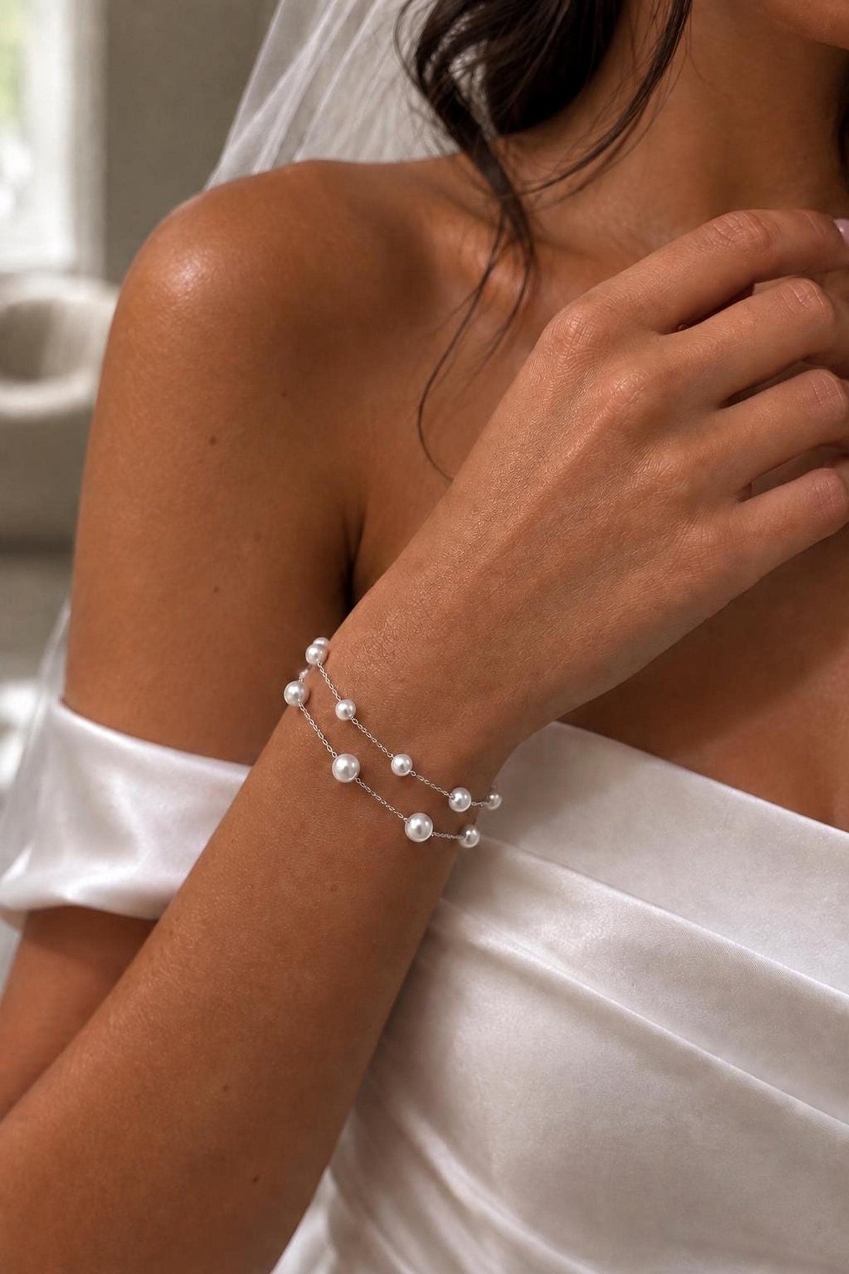 Double Layered Pearl Bracelet, Adjustable Wedding Jewelry