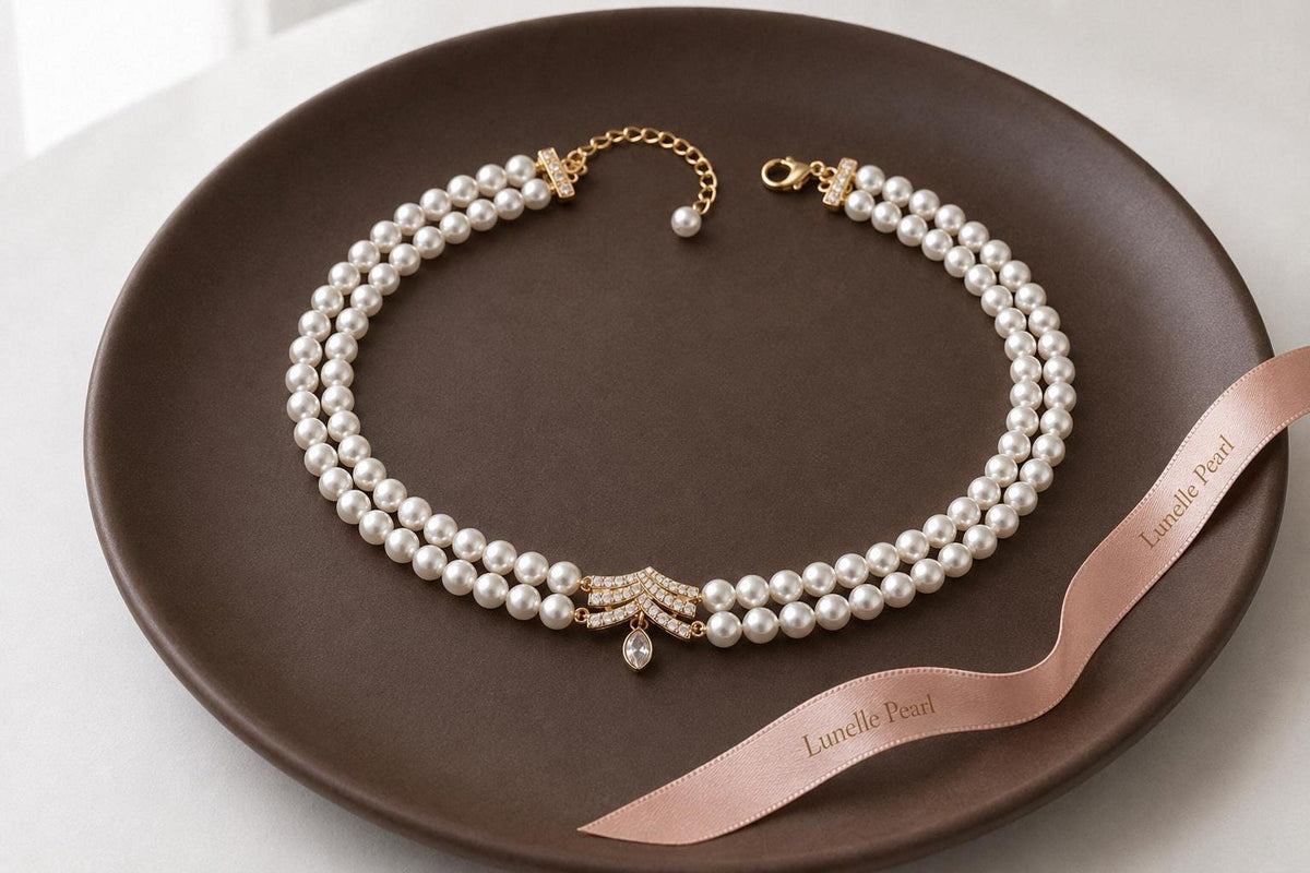 Celestia Double Strand Pearl Choker Necklace, Gold Crystal Bridal Jewelry
