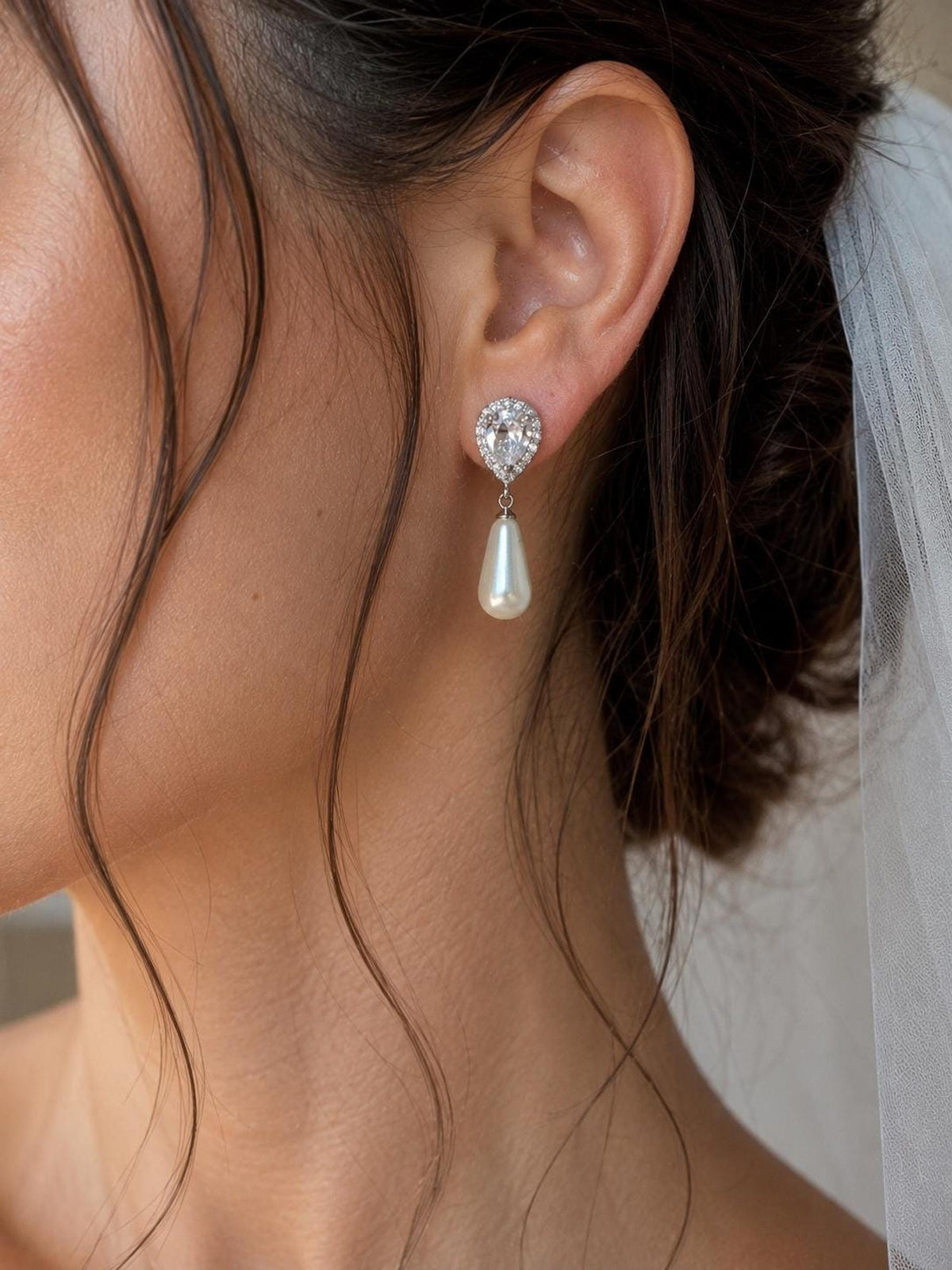 Teardrop Pearl Earrings with CZ Stones, Elegant Bridal Jewelry for Weddings