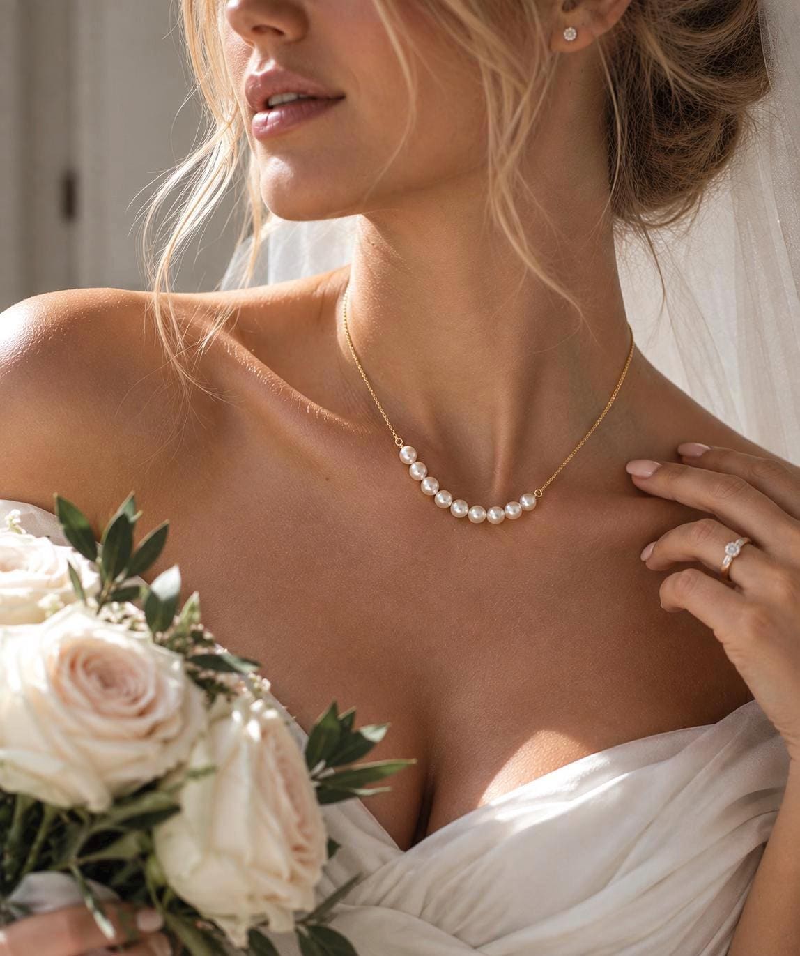 Ethereal Pearl Bridal Necklace, Gold Plated Chain, Minimalist Bride Jewelry