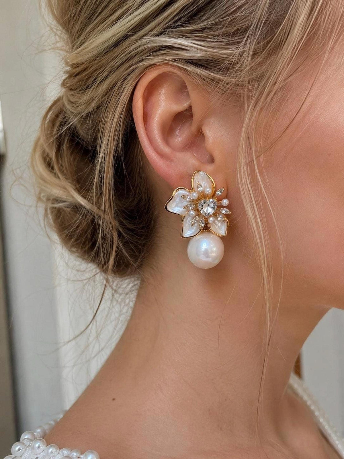 Cherry Petals Bridal Pearl Drop Earrings