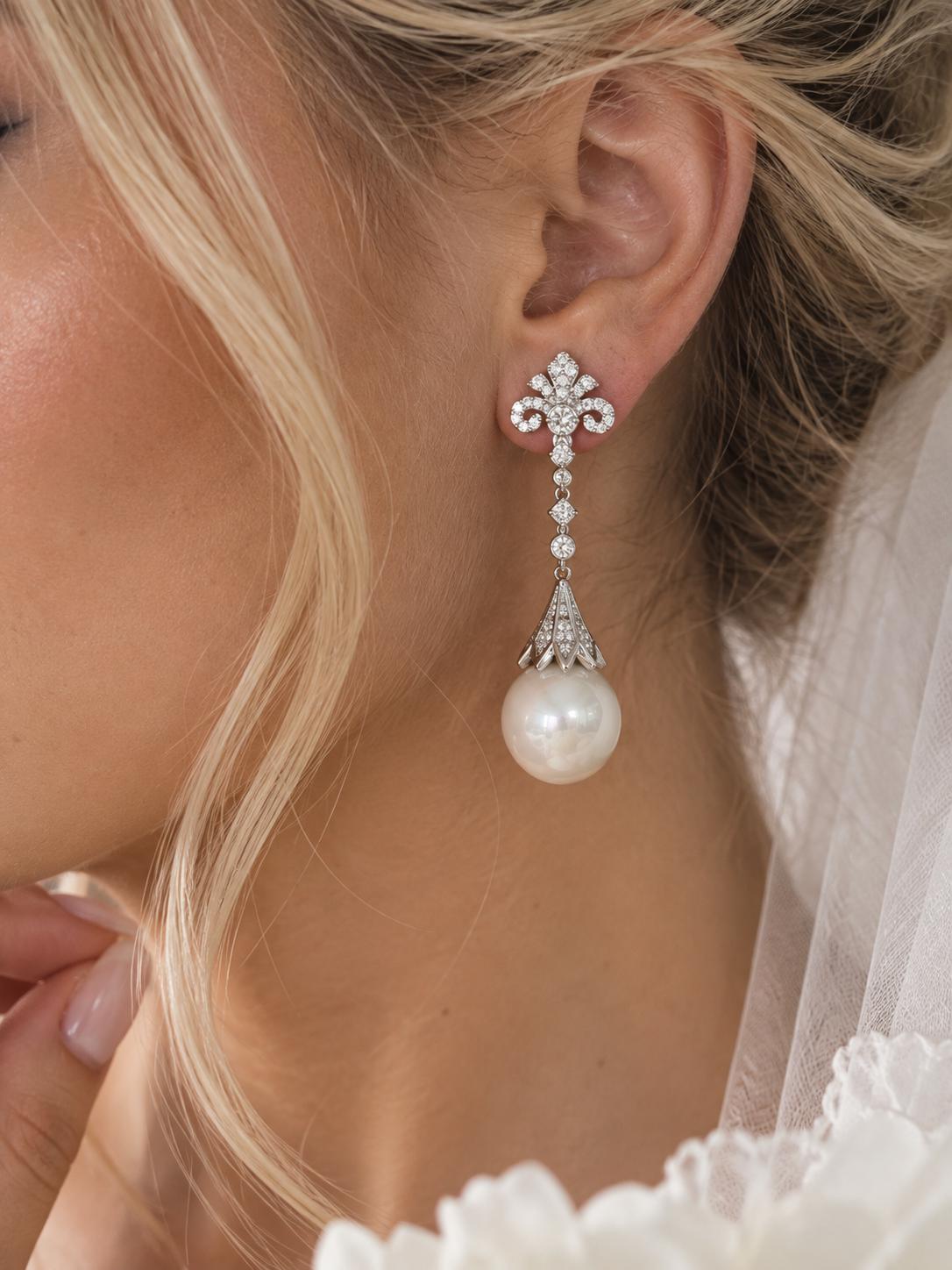 Countess Fleur Pearl Drop Earrings, Crystal Bridal Jewelry, Silver Filled, Art Deco Style