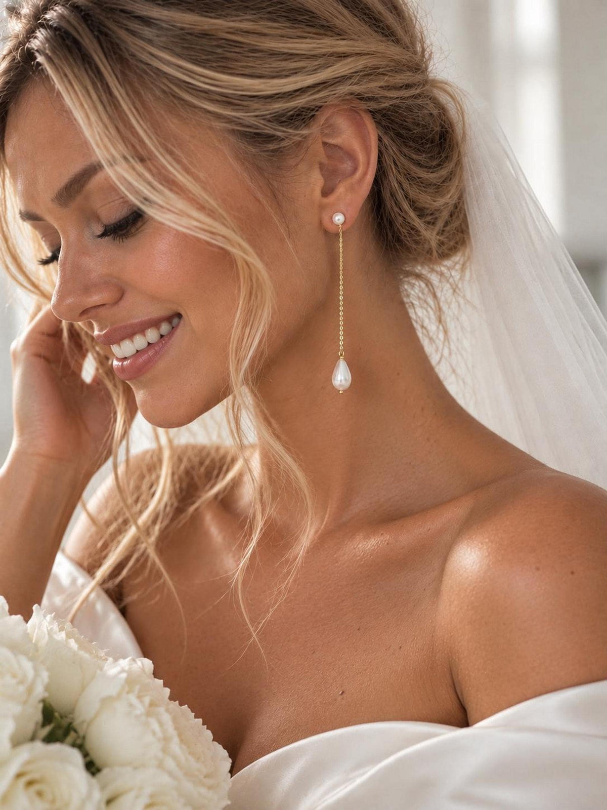 Long Pearl Drop Earrings, 7 Cm with Italian 14K Gold-Plated Bridal Jewelry