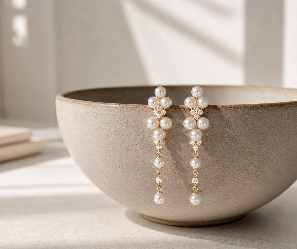 Long Floral Pearl Drop Earrings, Gold-Tone Bridal Jewelry for Weddings