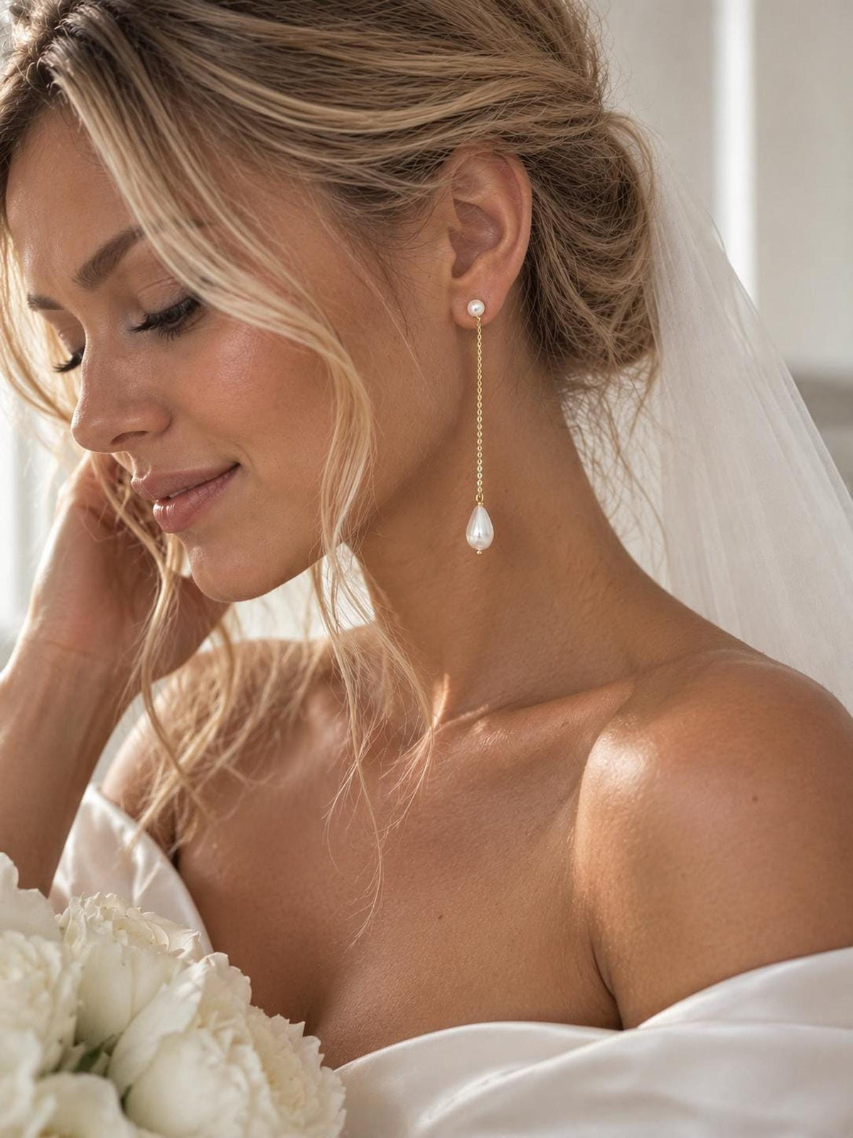 Long Pearl Drop Earrings, 7 Cm with Italian 14K Gold-Plated Bridal Jewelry