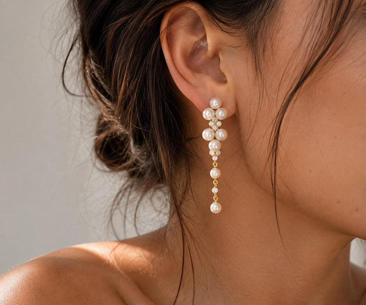 Long Floral Pearl Drop Earrings, Gold-Tone Bridal Jewelry for Weddings