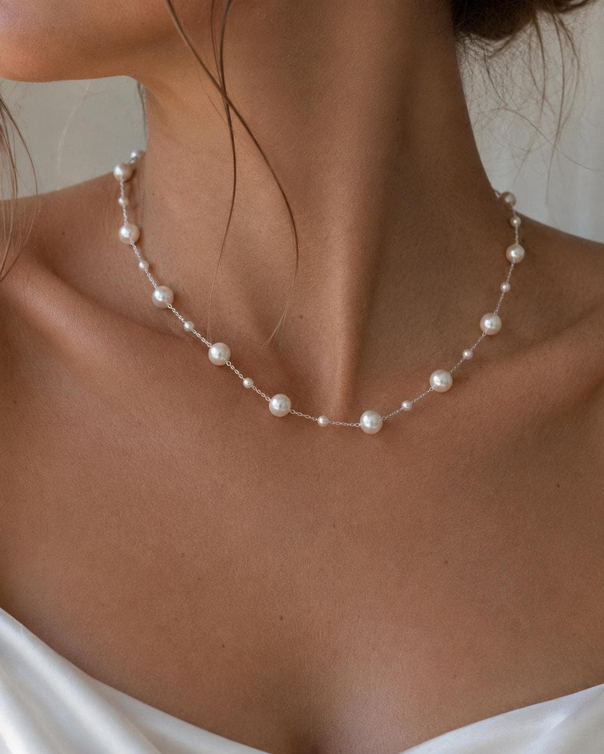Delicate Pearl Bridal Necklace | Silver-Tone Chain, Handmade Wedding Jewelry