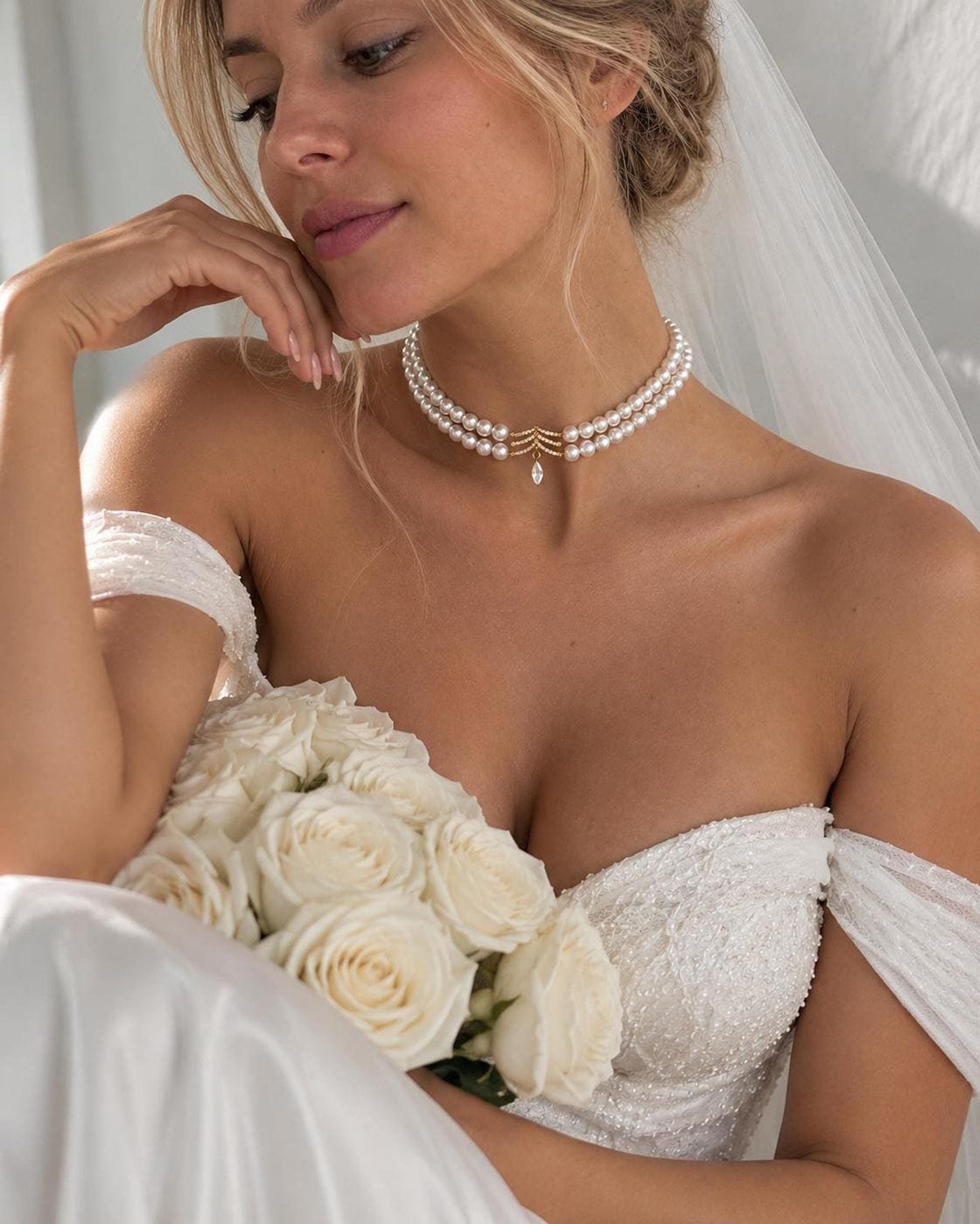 Celestia Double Strand Pearl Choker Necklace, Gold Crystal Bridal Jewelry