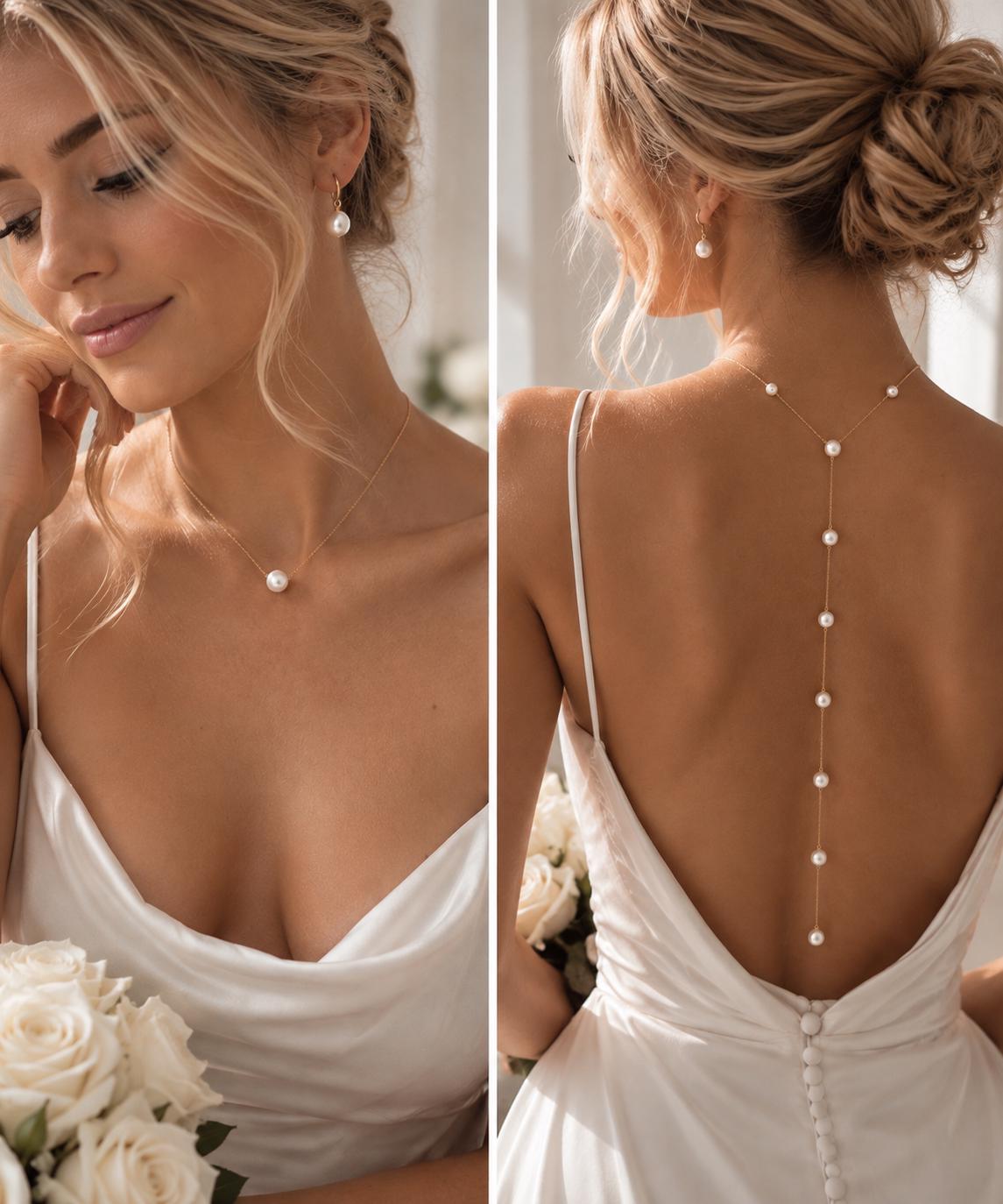 Gold Plated Pearl Back Necklace, Custom Length Bridal Jewelry for Backless Dresses