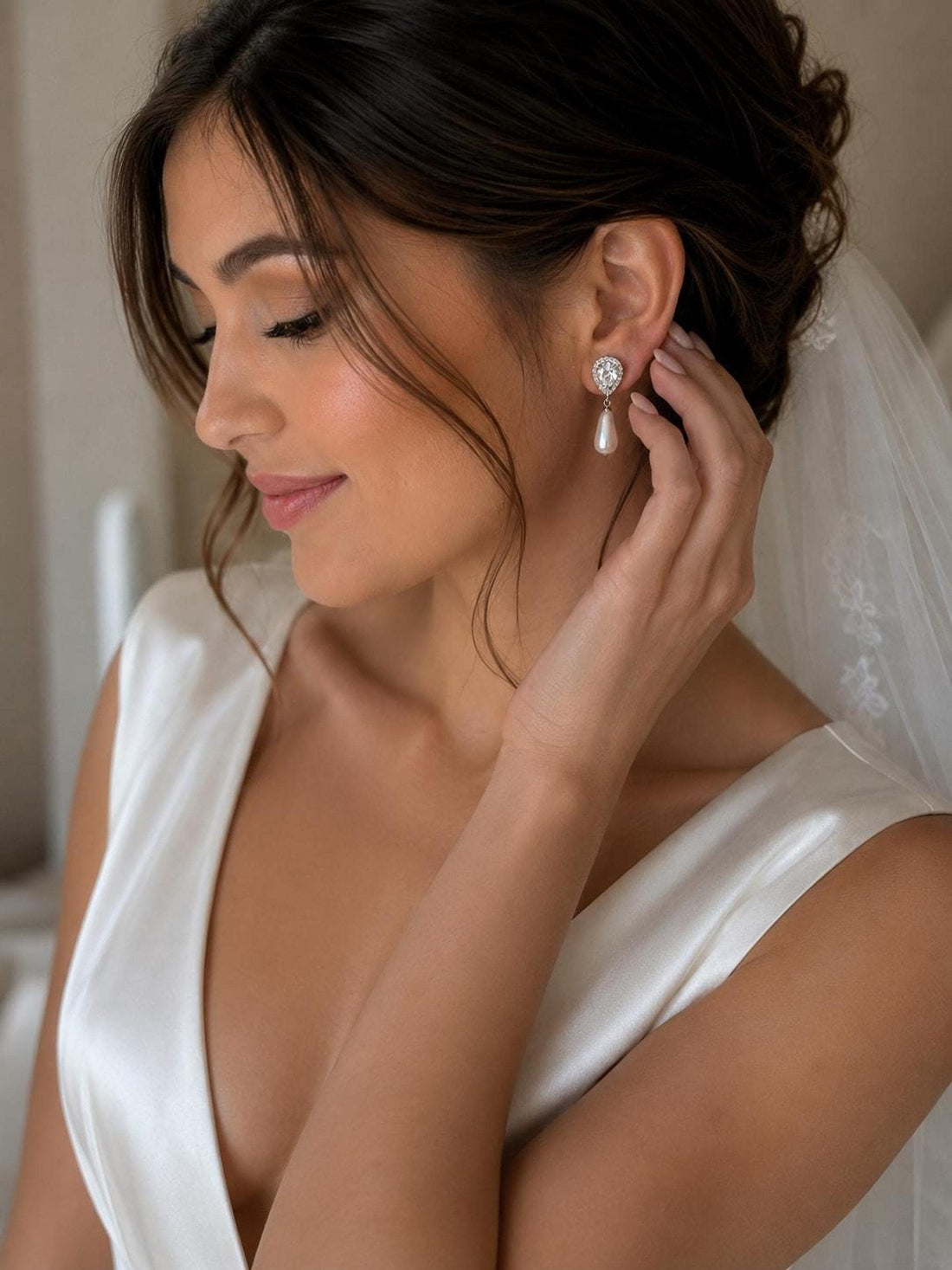 Teardrop Pearl Earrings with CZ Stones, Elegant Bridal Jewelry for Weddings