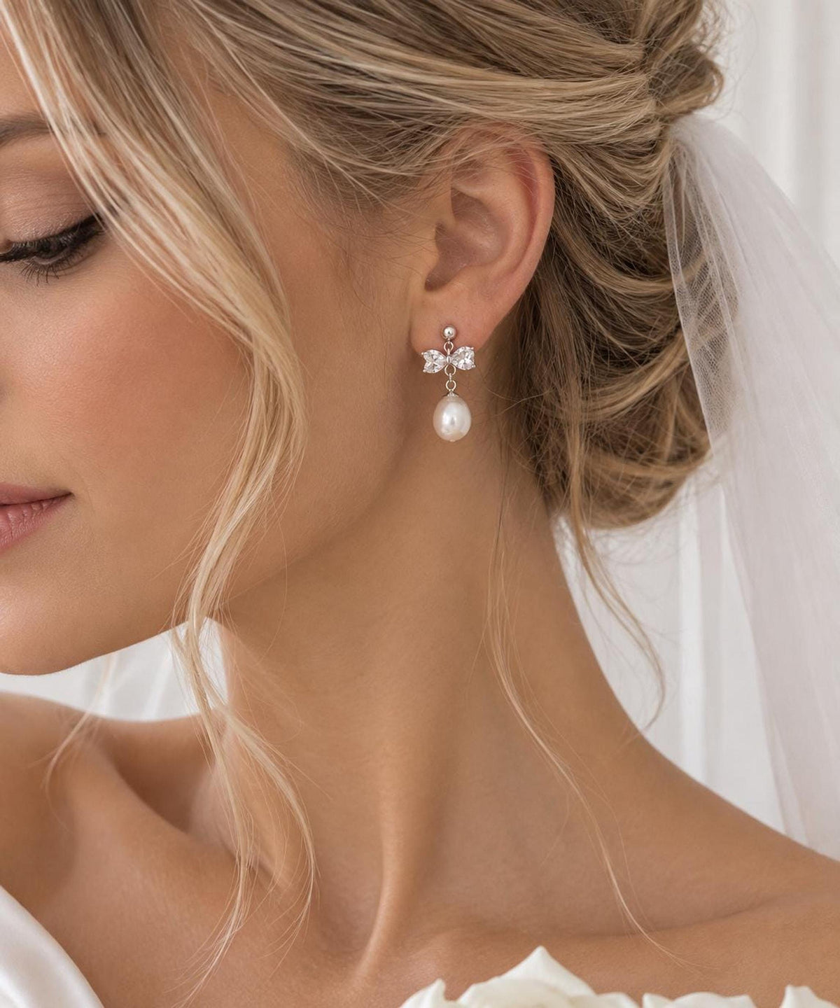 Sterling Silver Mother of Pearl Bow Earrings – Bridal Wedding Drop Jewelry