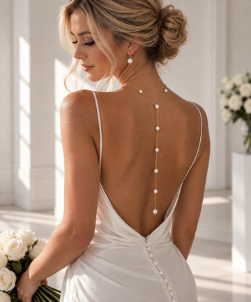 Gold Plated Pearl Back Necklace, Custom Length Bridal Jewelry for Backless Dresses