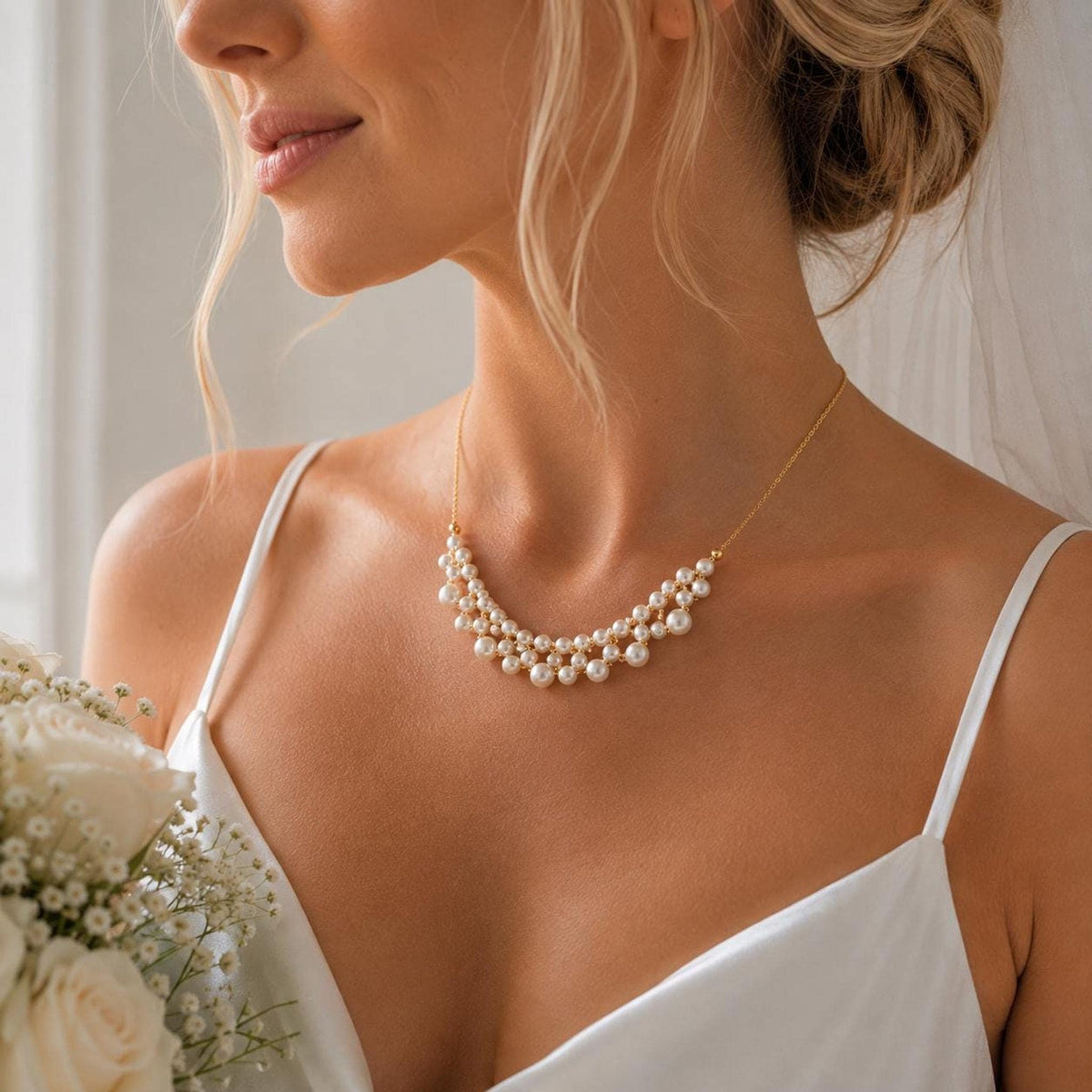 Dainty Ivory Pearl Necklace with Gold Chain, Elegant Bridal Jewelry for Special Occasions